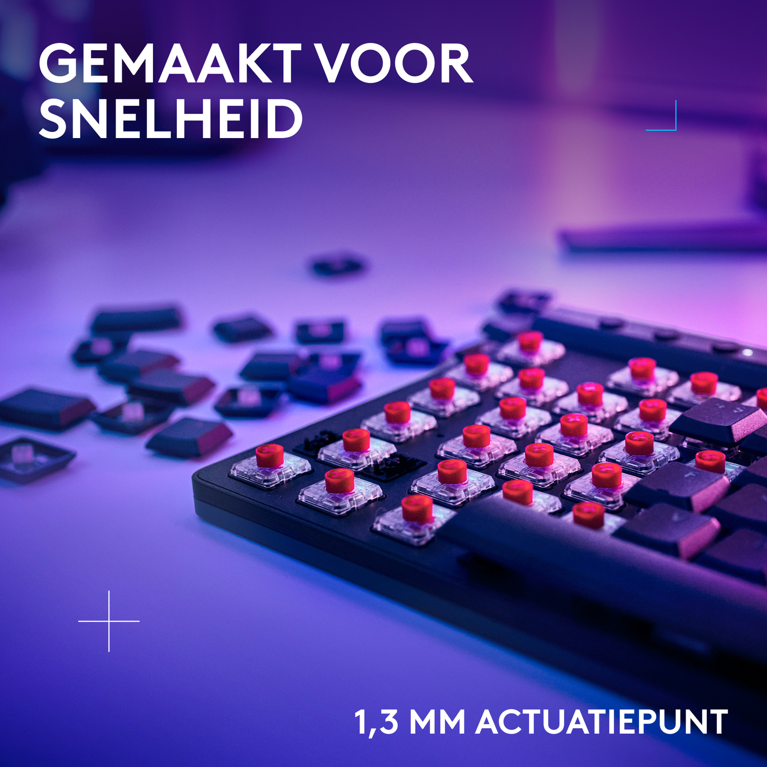 Keyboard keys removed, showing red switches. Black keyboard base. Purple background.