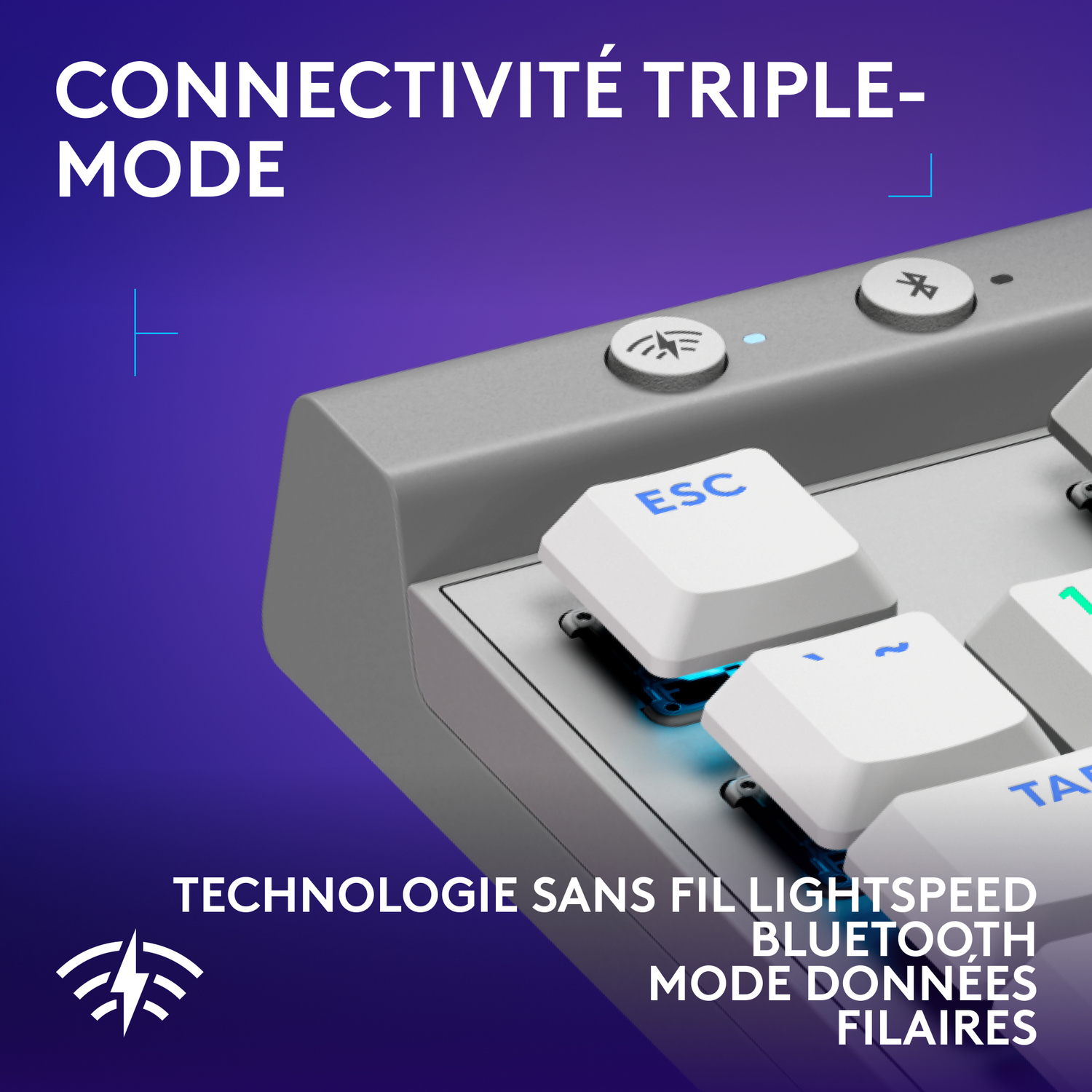 Un clavier avec des touches blanches, certaines éclairées en bleu. Texte sur la connectivité triple mode.