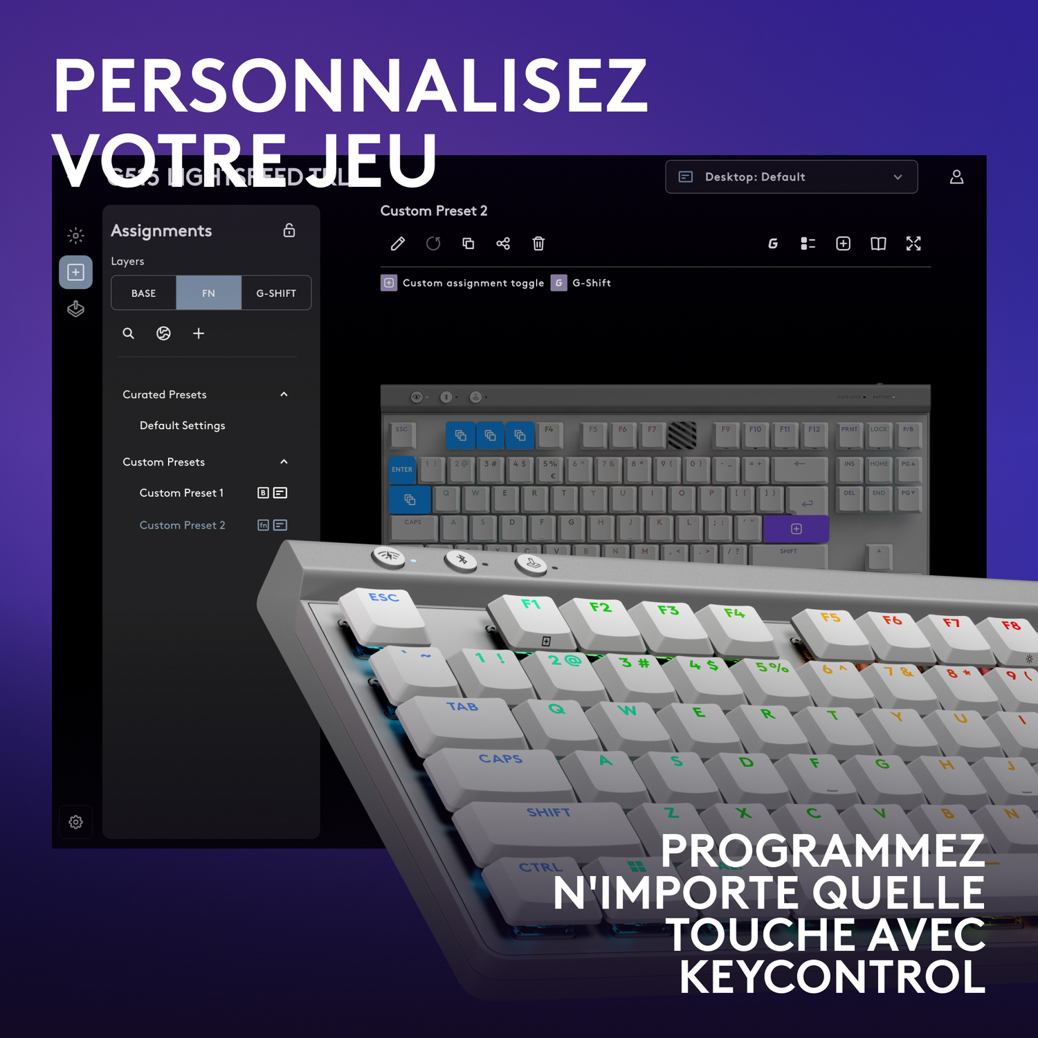 Un clavier avec un écran affichant les paramètres de personnalisation.