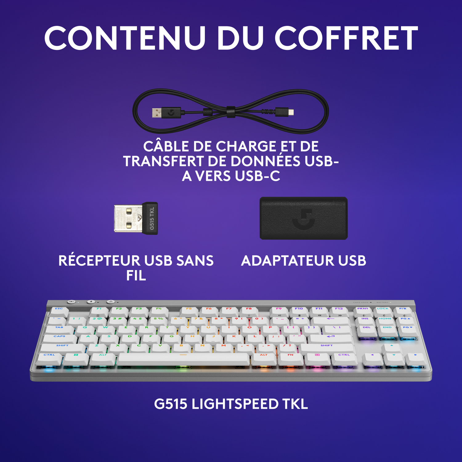 Un clavier, un récepteur USB, un adaptateur USB et un câble USB-A vers USB-C sont montrés.