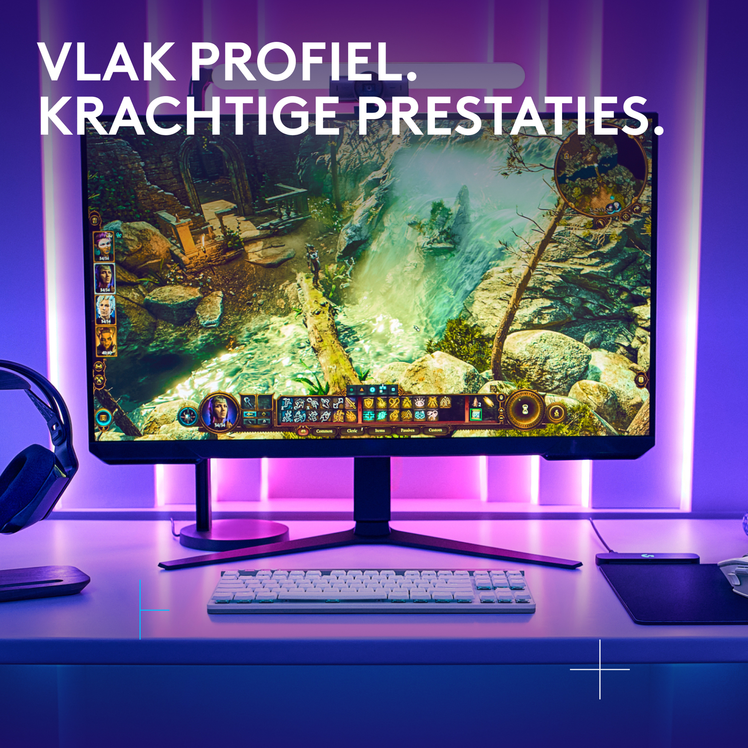 Monitor with a video game, keyboard, headphones, and mouse on a desk.