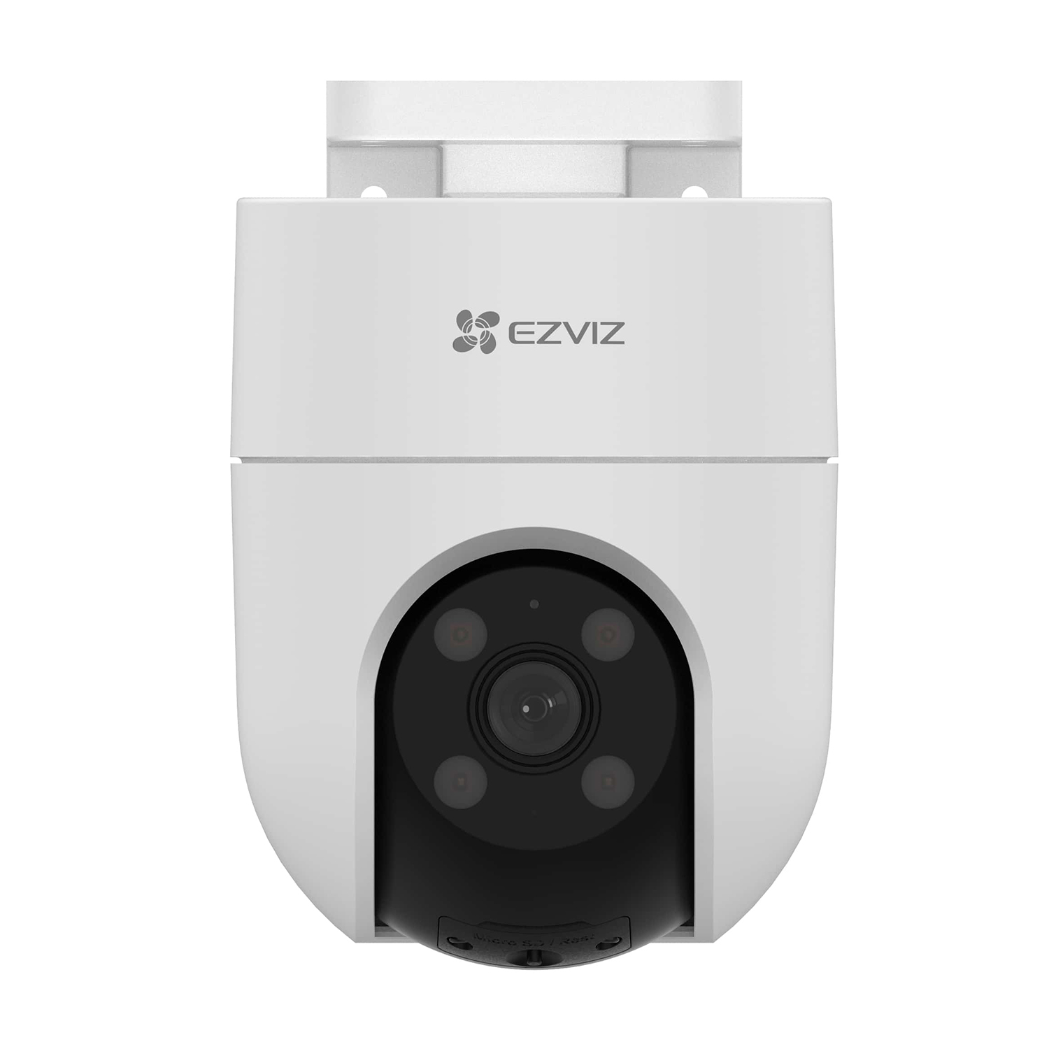 Telecamera di sicurezza EZVIZ bianca, lente nera, montata su staffa.
