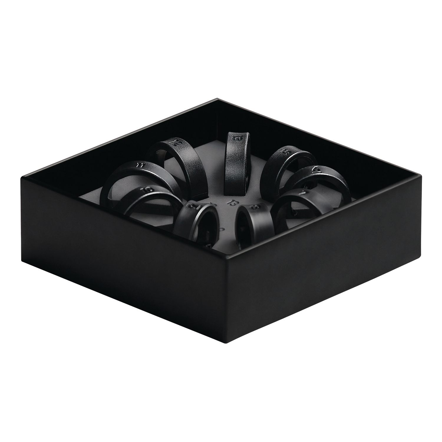 Eine schwarze Box mit mehreren schwarzen Ringen.
