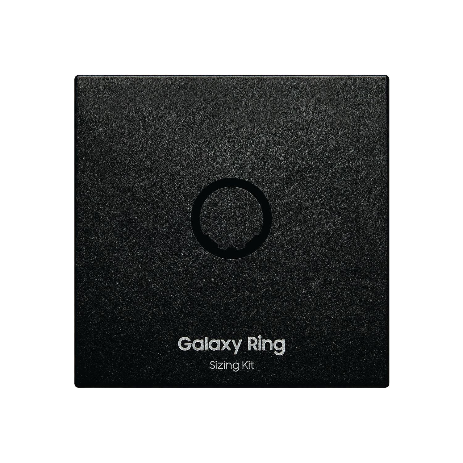 Schwarzes Galaxy Ring Größenanpassungs-Kit. Eine Box mit kreisförmigem Ausschnitt.