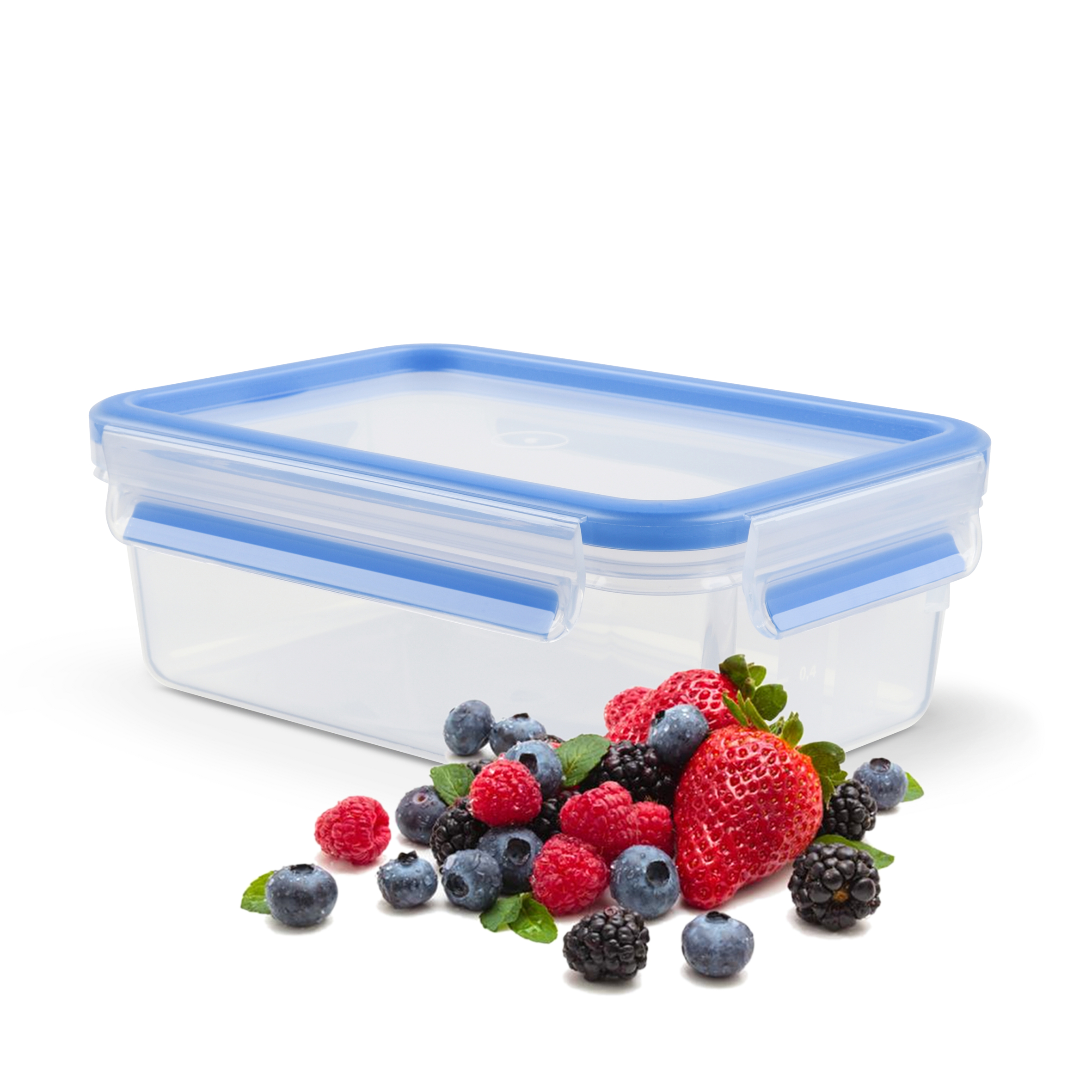 Przezroczysty pojemnik z niebieską pokrywką, otoczony jagodami.