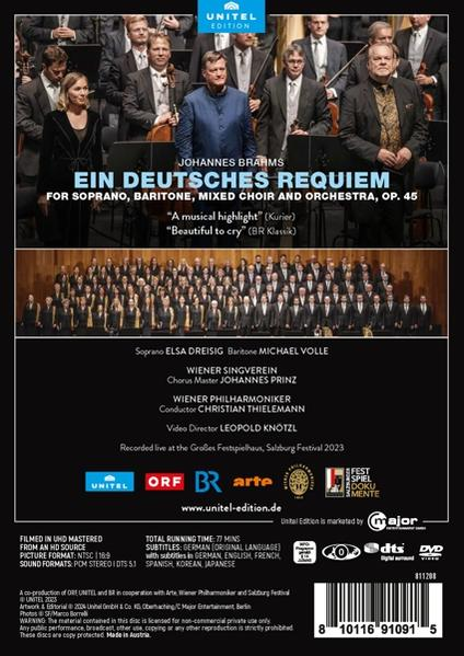 Rückseite einer DVD-Hülle, mit Text und Bild eines Chors und Orchesters.