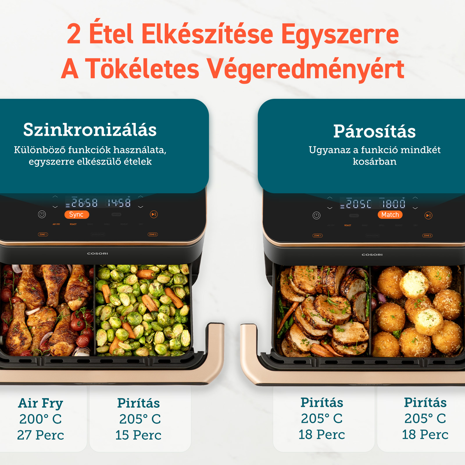 Két egymás melletti légkeveréses sütő, a szinkronizálási és párosítási főzési módokat mutatva.