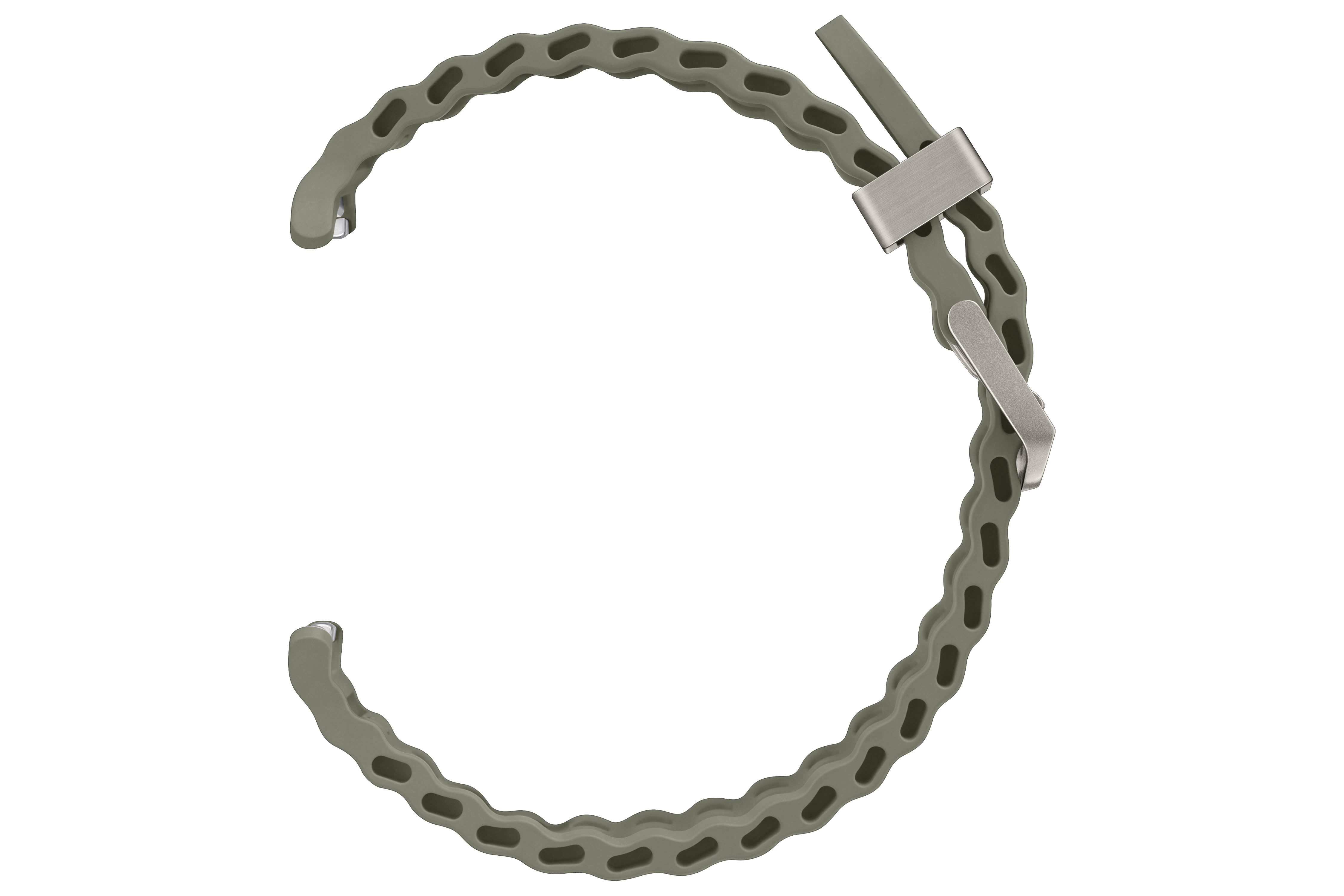 Ein Uhrenarmband mit einem grauen kettenartigen Design. Es hat einen Metallverschluss zum Schließen.
