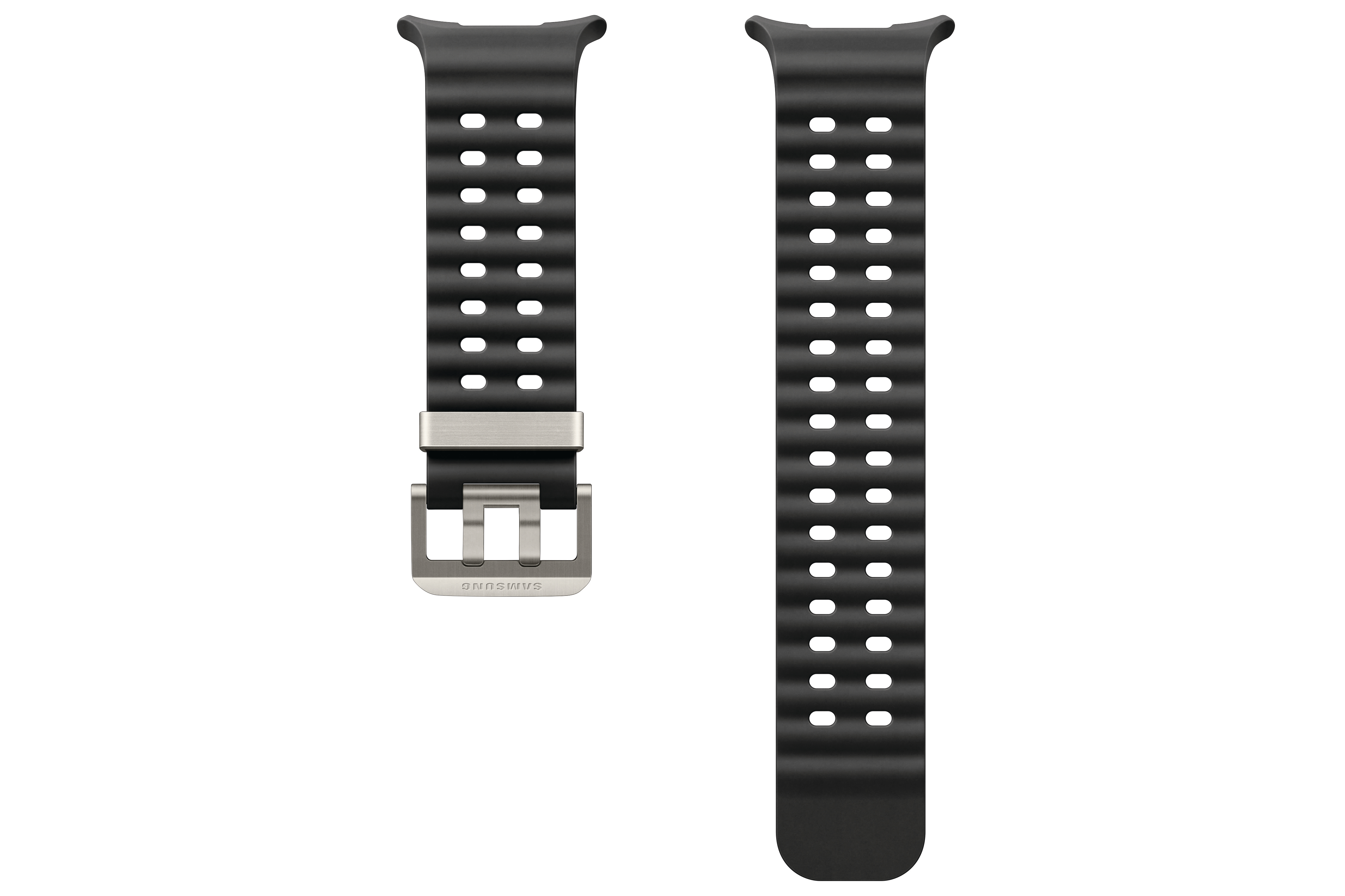 Zwei schwarze Uhrenarmbänder mit einer Metallschnalle.