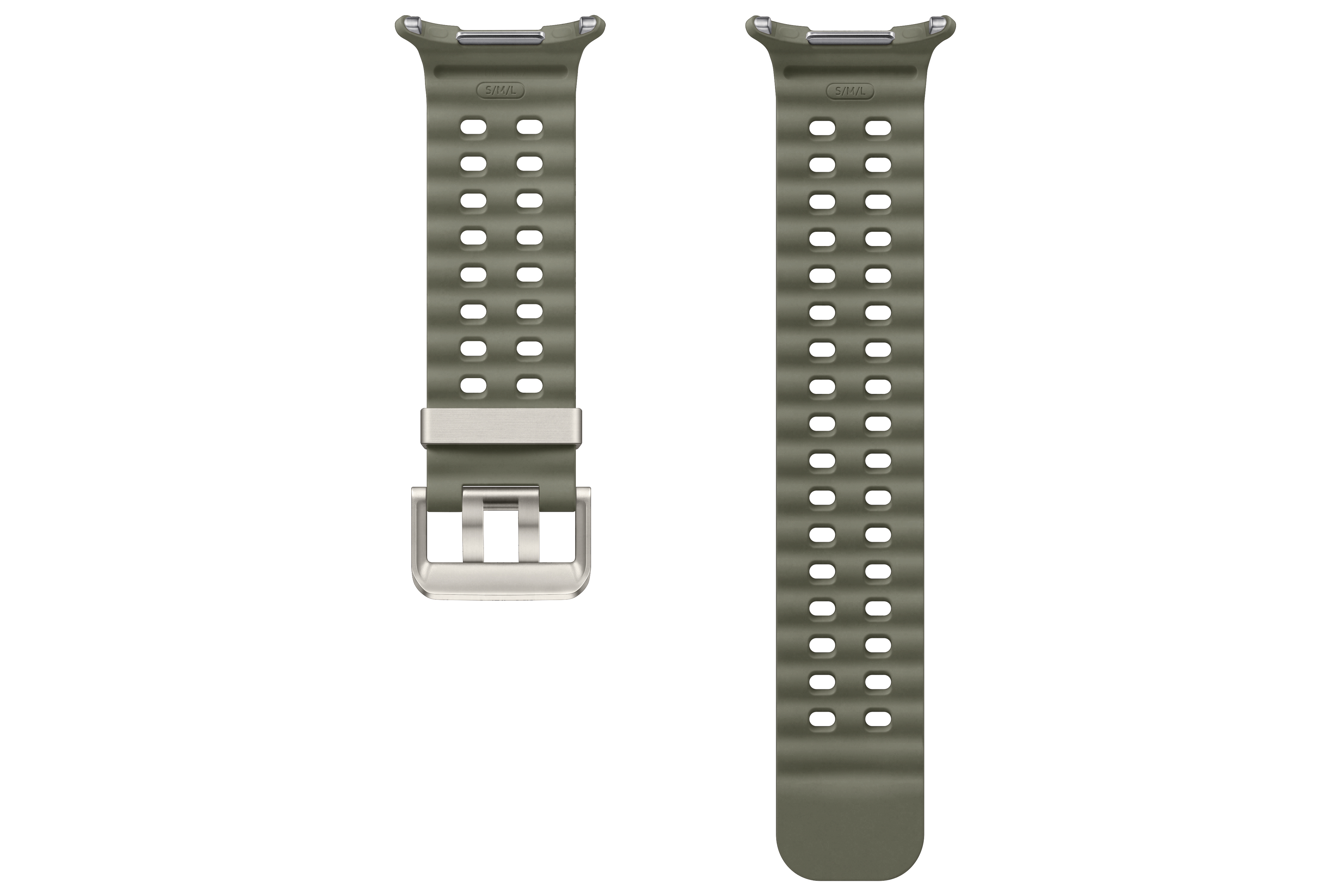 Grünes Uhrenarmband mit Löchern und silberner Schnalle. Das Armband ist für eine Smartwatch.