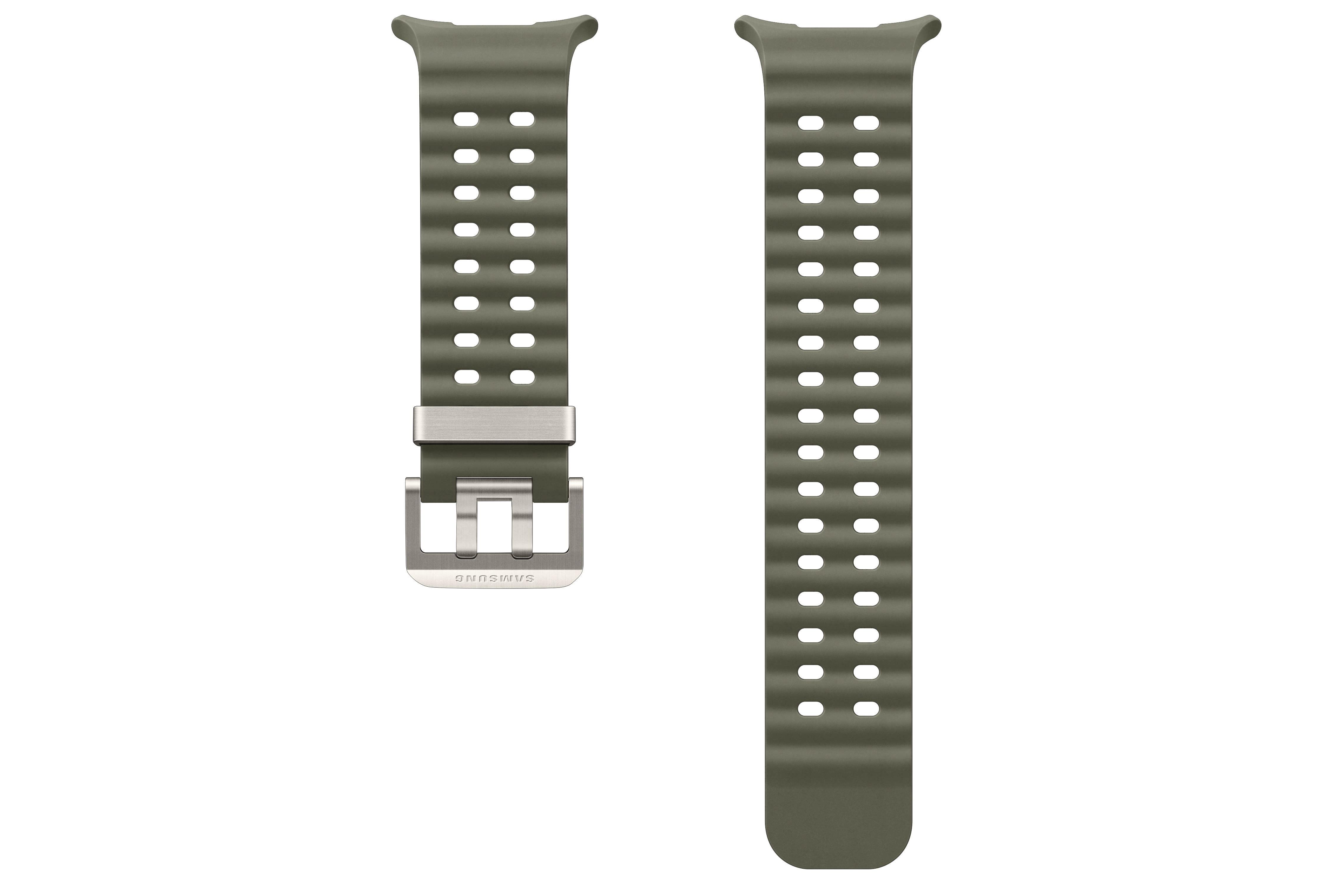 Olivgrünes Armband für eine Smartwatch mit Metallschnalle. Beide Teile sind auf weißem Hintergrund.