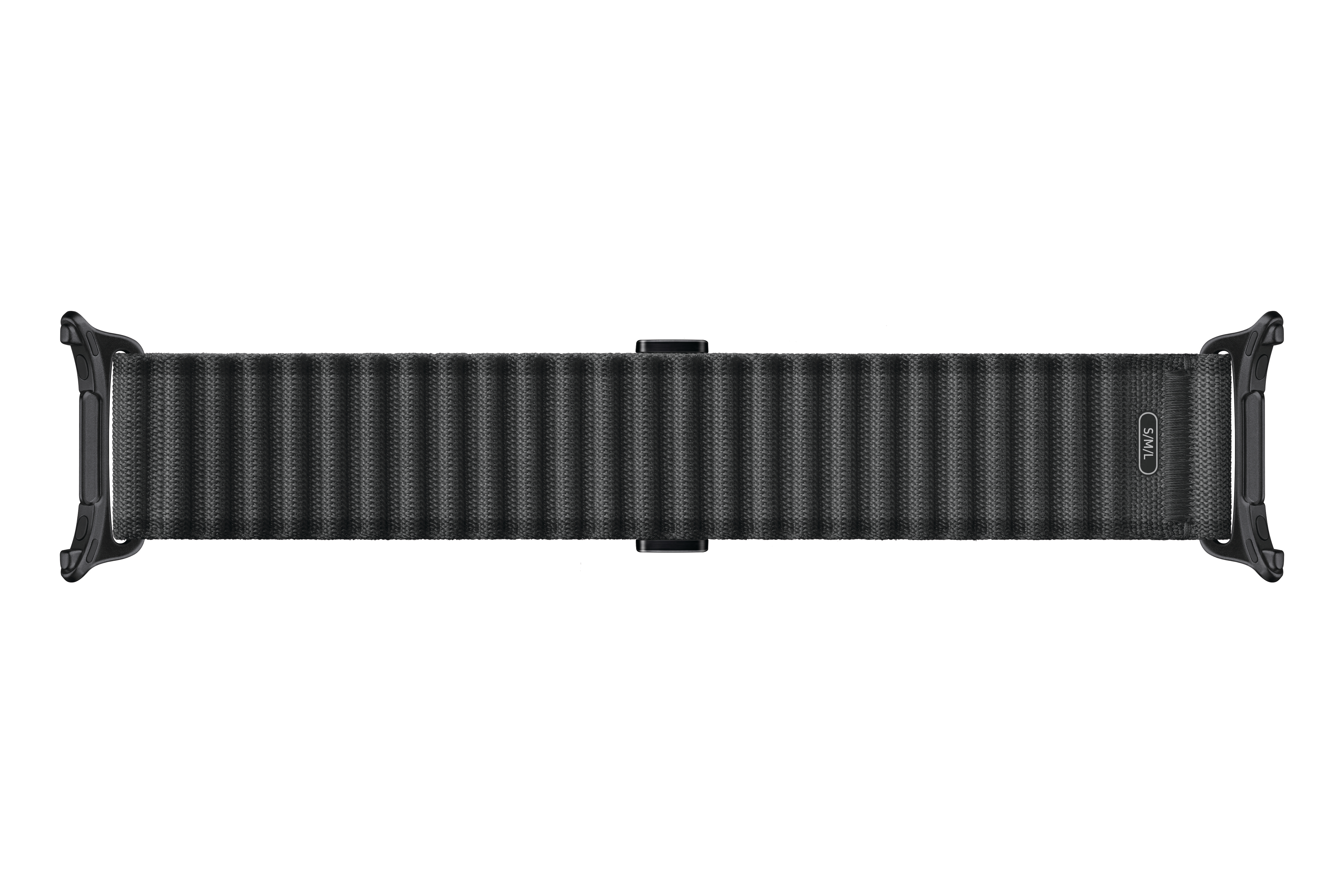 Schwarzes Uhrenarmband mit geriffelter Textur und Magnetverschluss.