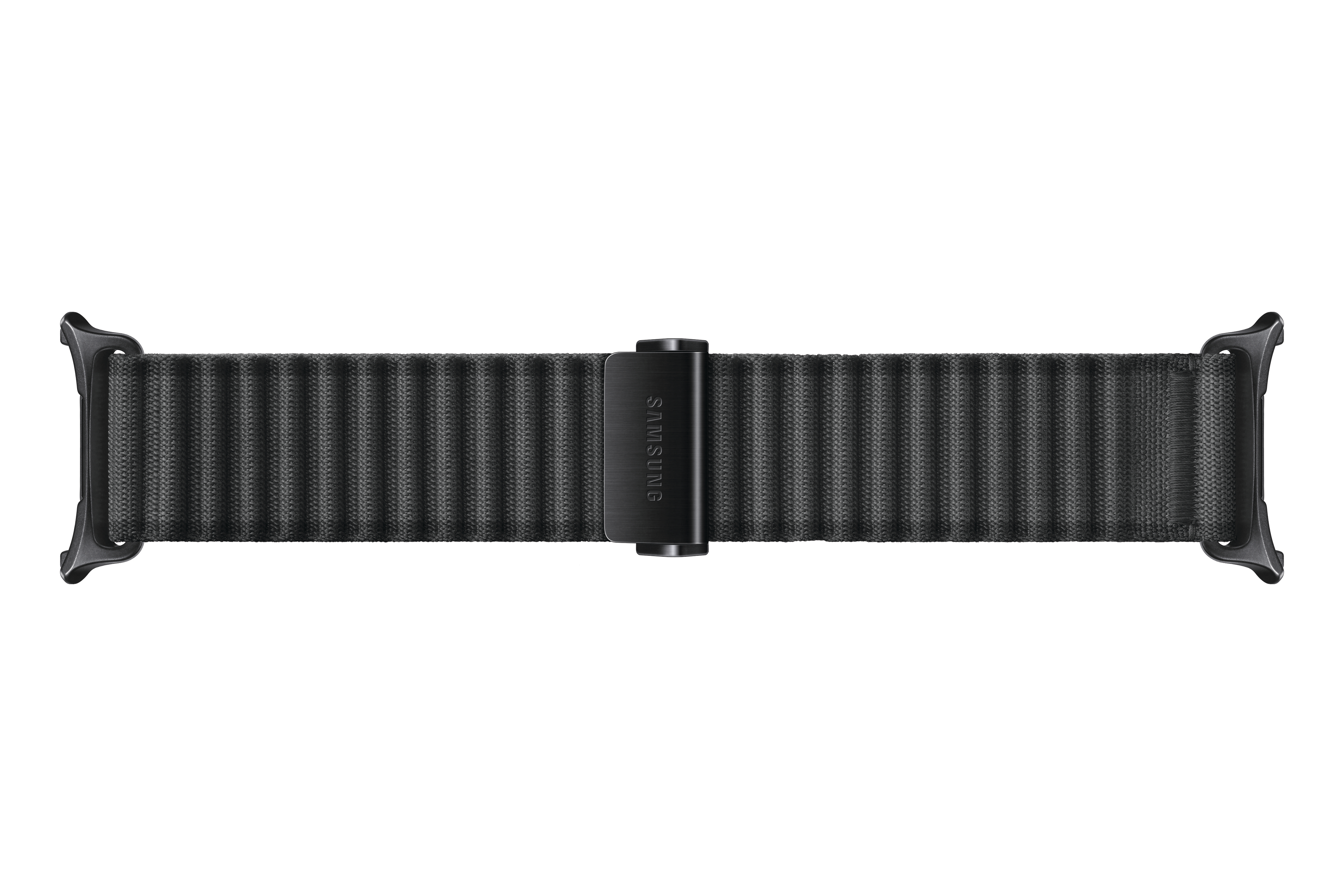 Schwarzes Uhrenarmband mit zentraler Schnalle und strukturierter Oberfläche, weißer Hintergrund.