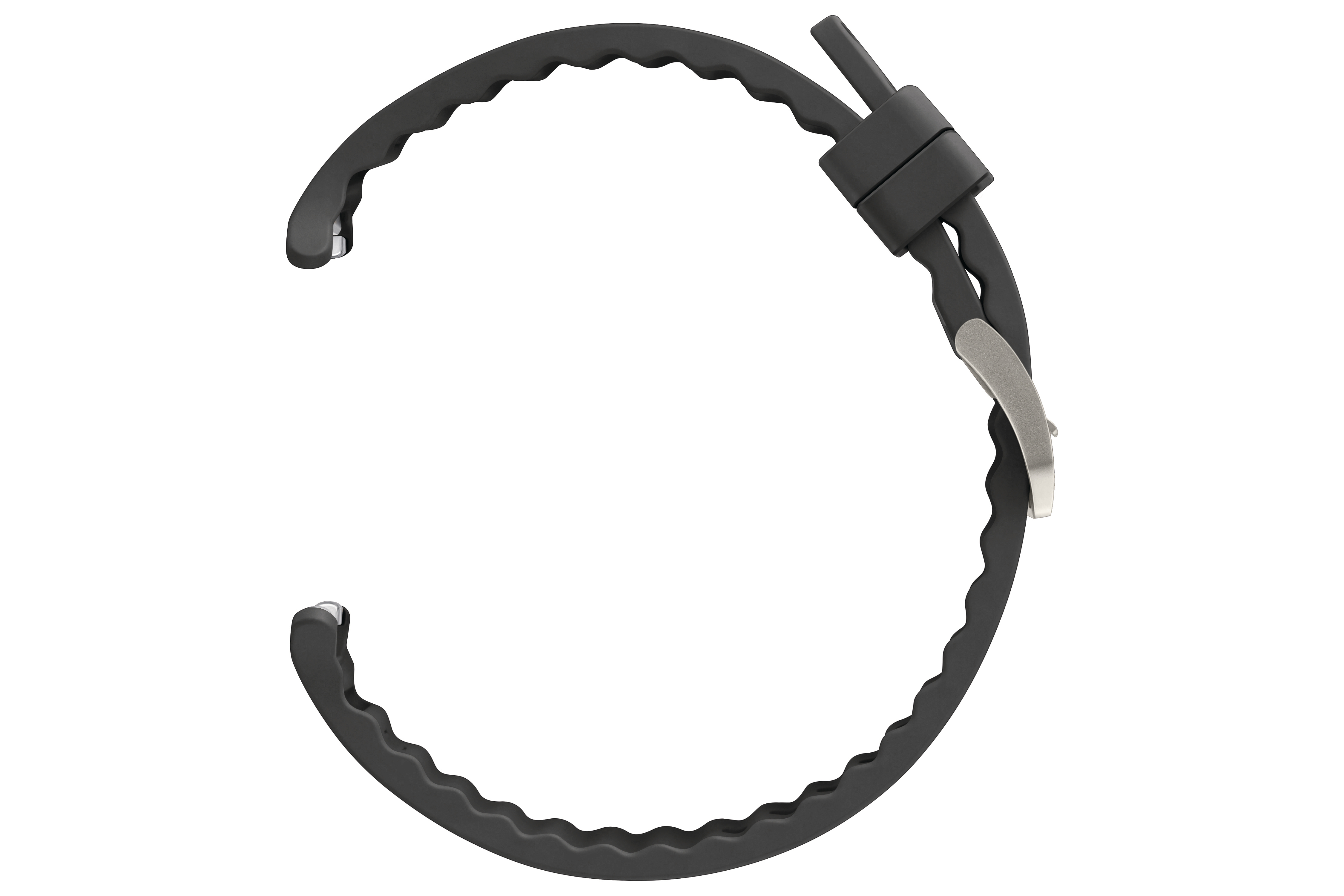 Schwarzes Uhrenarmband mit gewelltem Design und silberner Schnalle. Isoliert vor weißem Hintergrund.