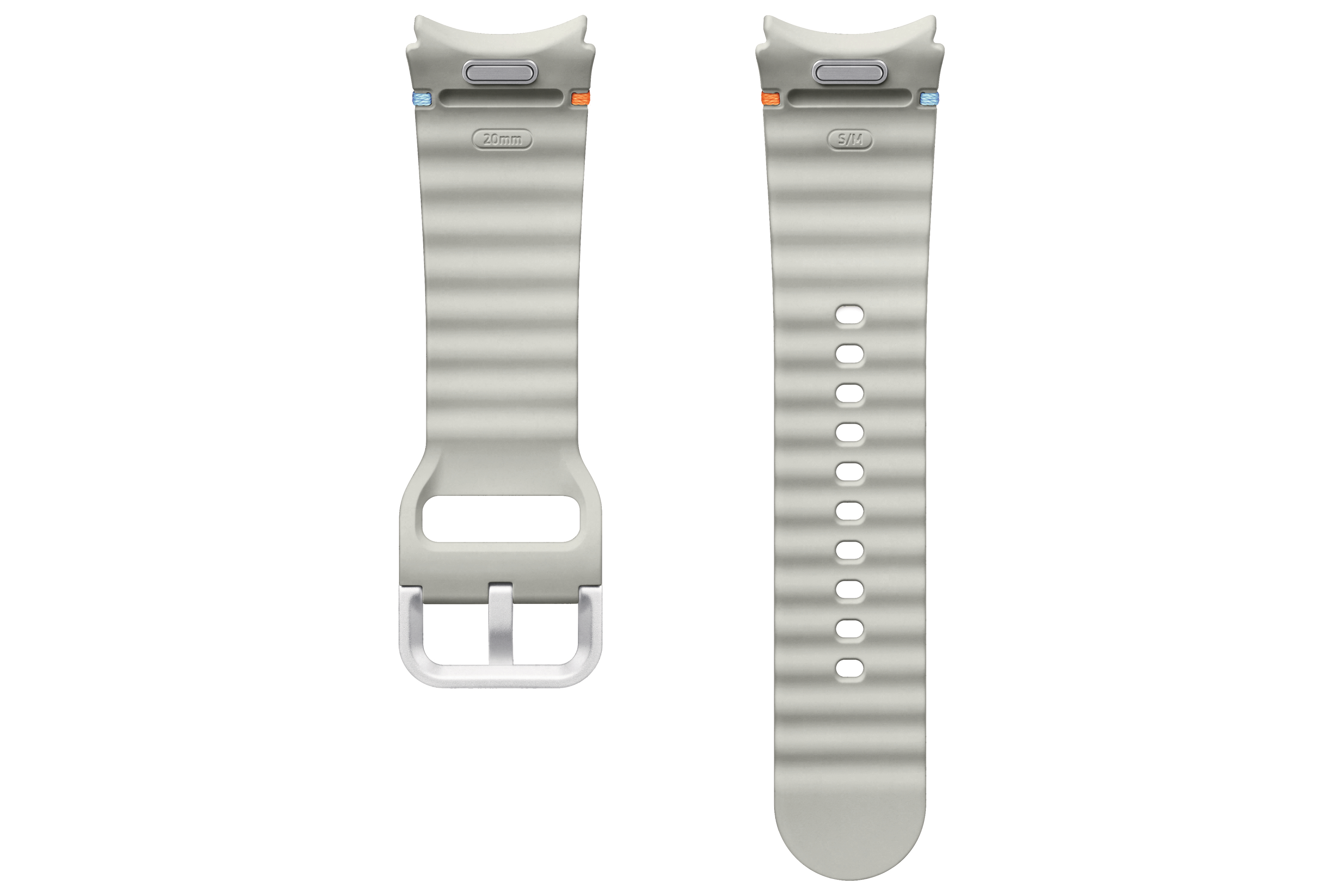 Zwei hellgraue Uhrenarmbänder mit Schnallen und Einstichlöchern, weißer Hintergrund.