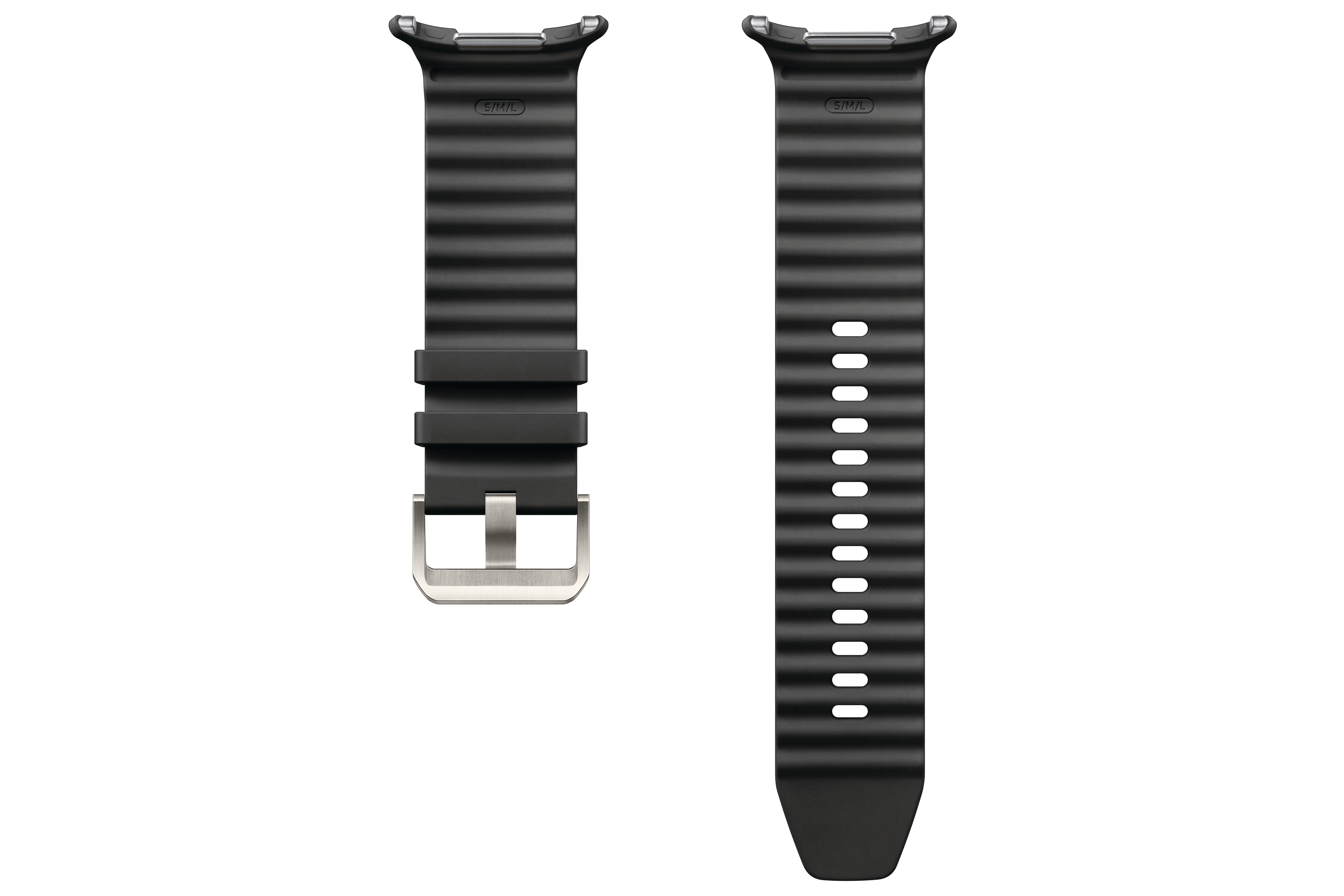 Zwei schwarze Uhrenarmbänder mit silberner Schnalle. Sie haben ein geripptes Design.
