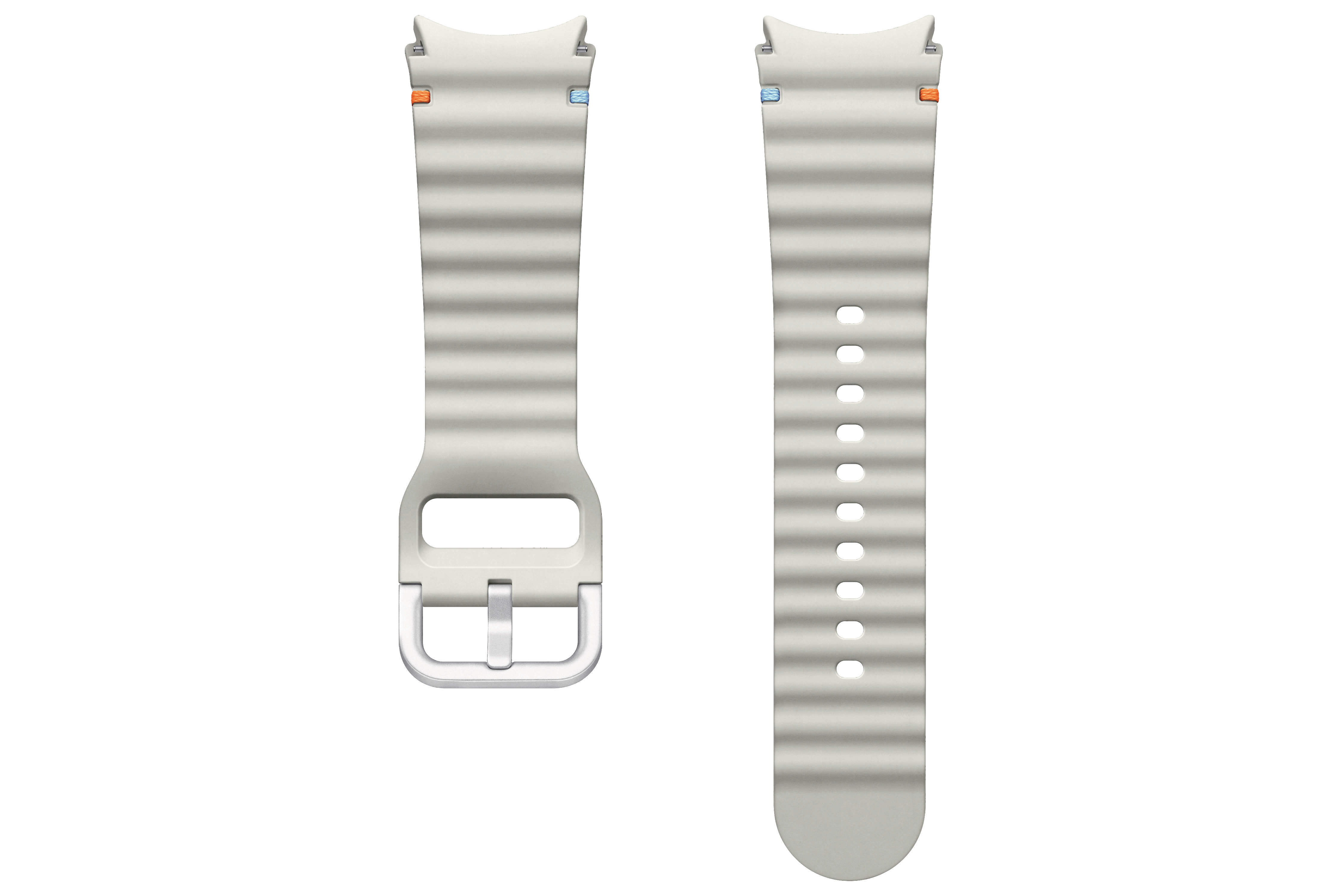 Zwei weiße Uhrenarmbänder mit silberner Schnalle und orangefarbenen Akzenten.