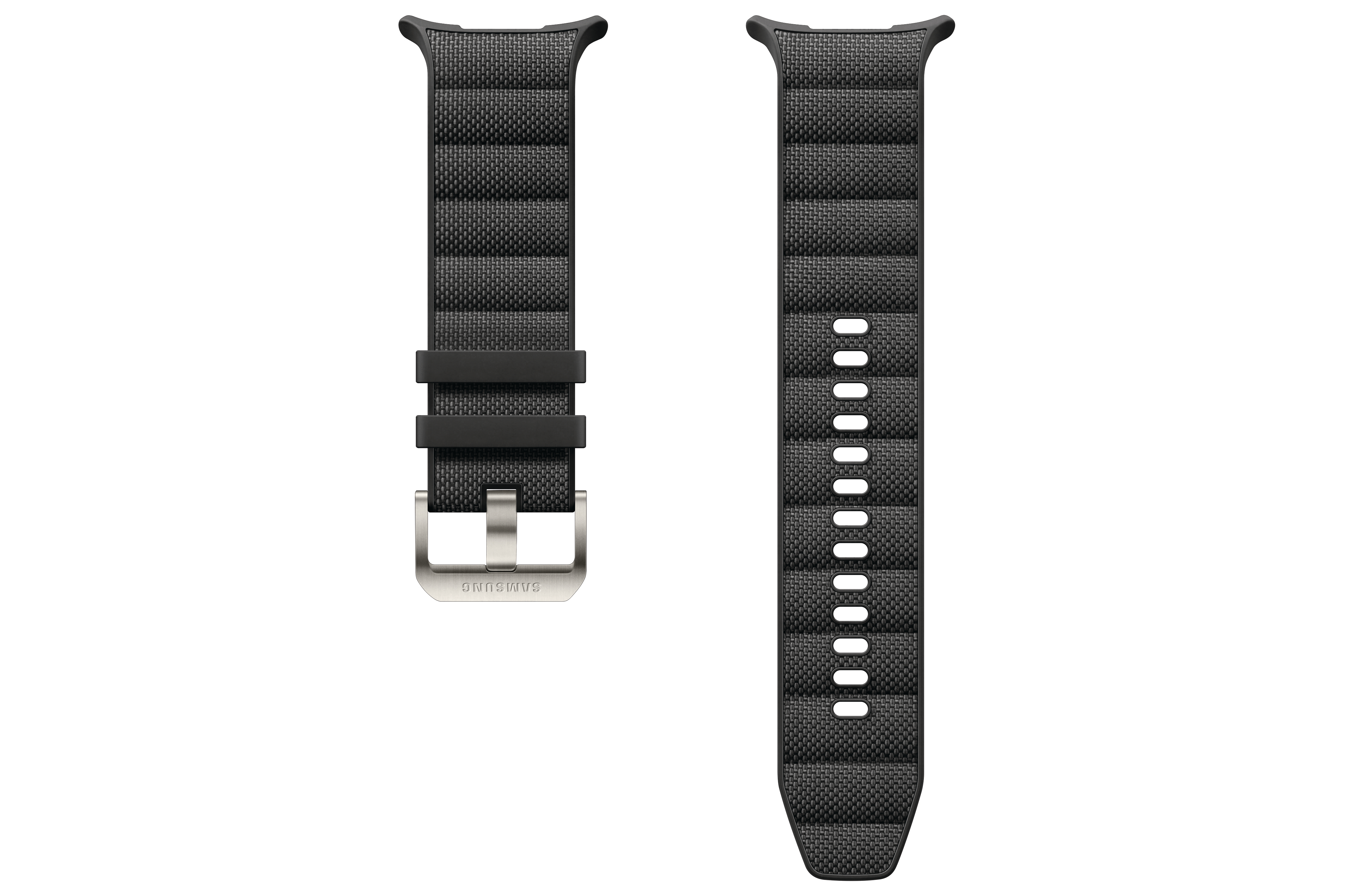 Zwei schwarze Uhrenarmbänder mit silbernen Schnallen, eines verbunden und das andere lose, vor weißem Hintergrund.