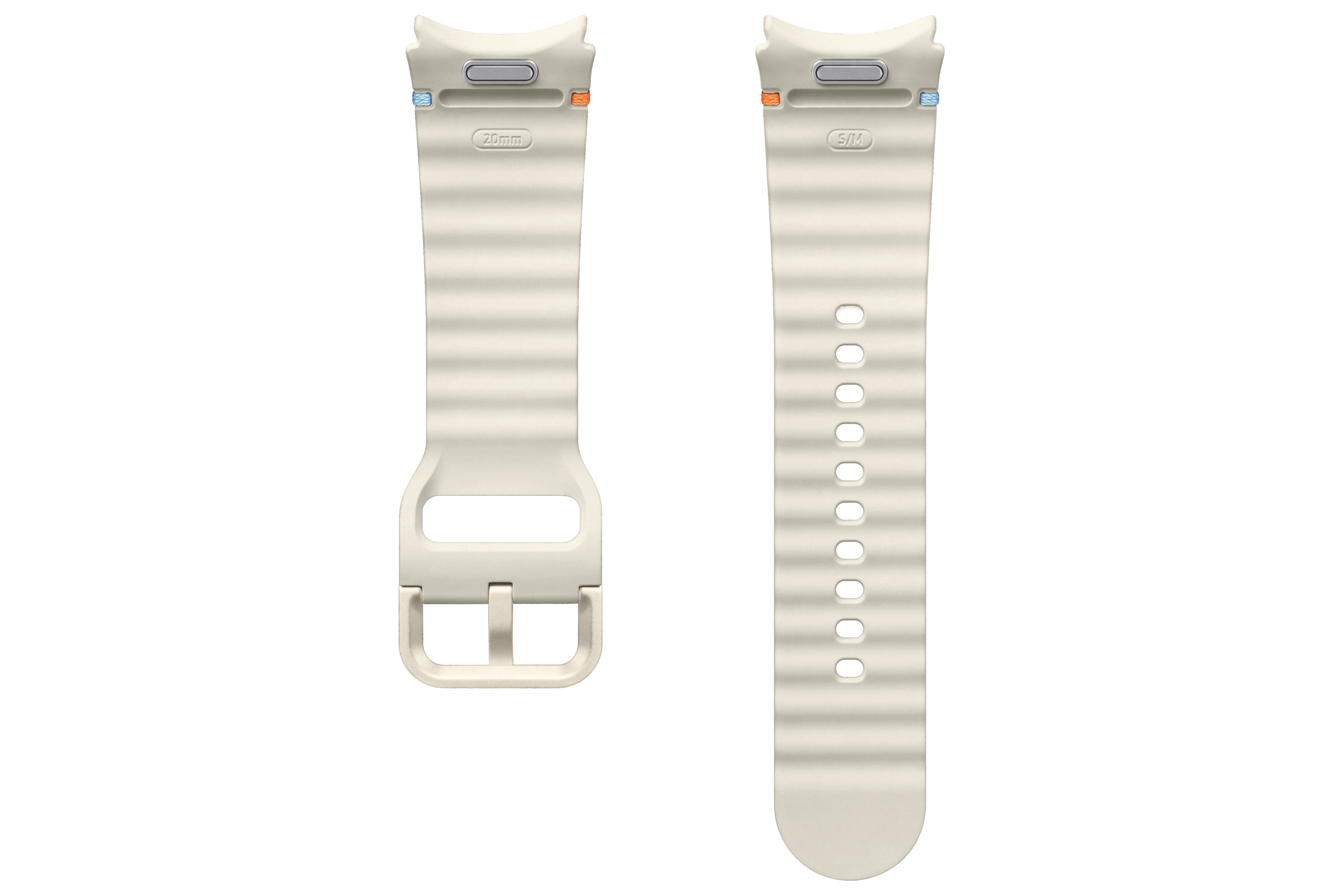 Zwei cremefarbene Uhrenarmbänder mit Schnallen und Einstichlöchern, weißer Hintergrund.