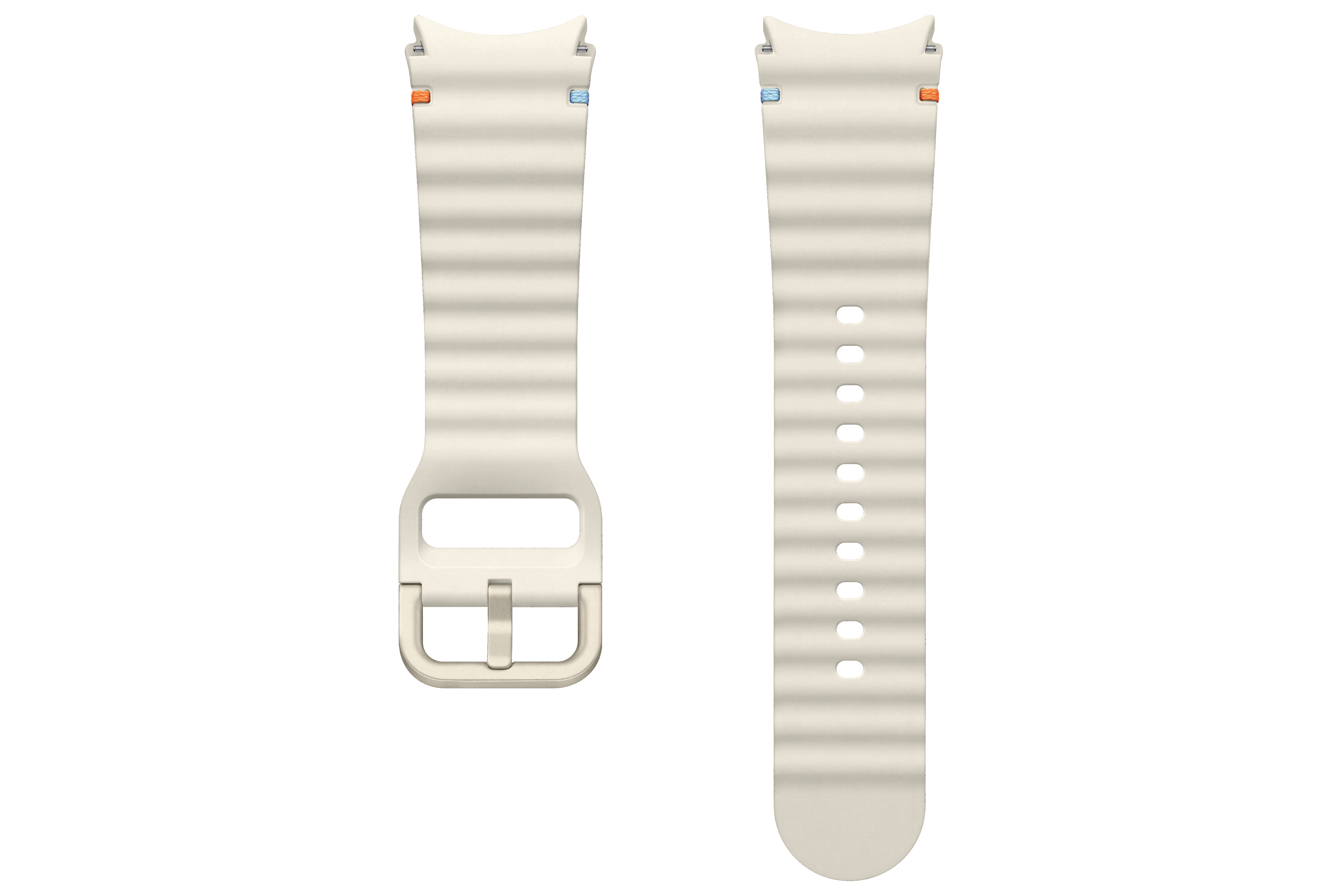 Zwei cremefarbene Uhrenarmbänder mit gewellten Kanten und einer silbernen Schnalle.