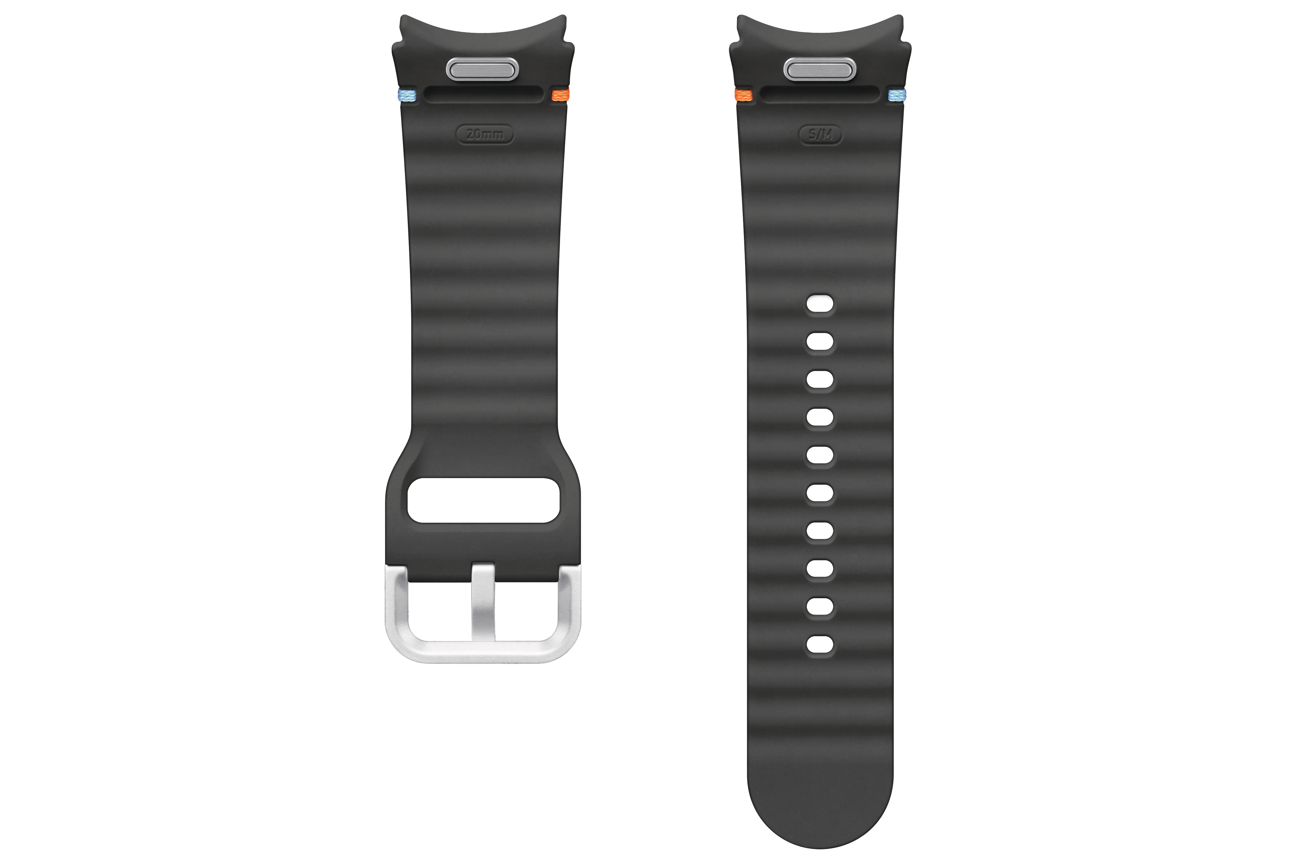 Zwei Armbänder, schwarz, mit Schnalle und orange-blauen Details.