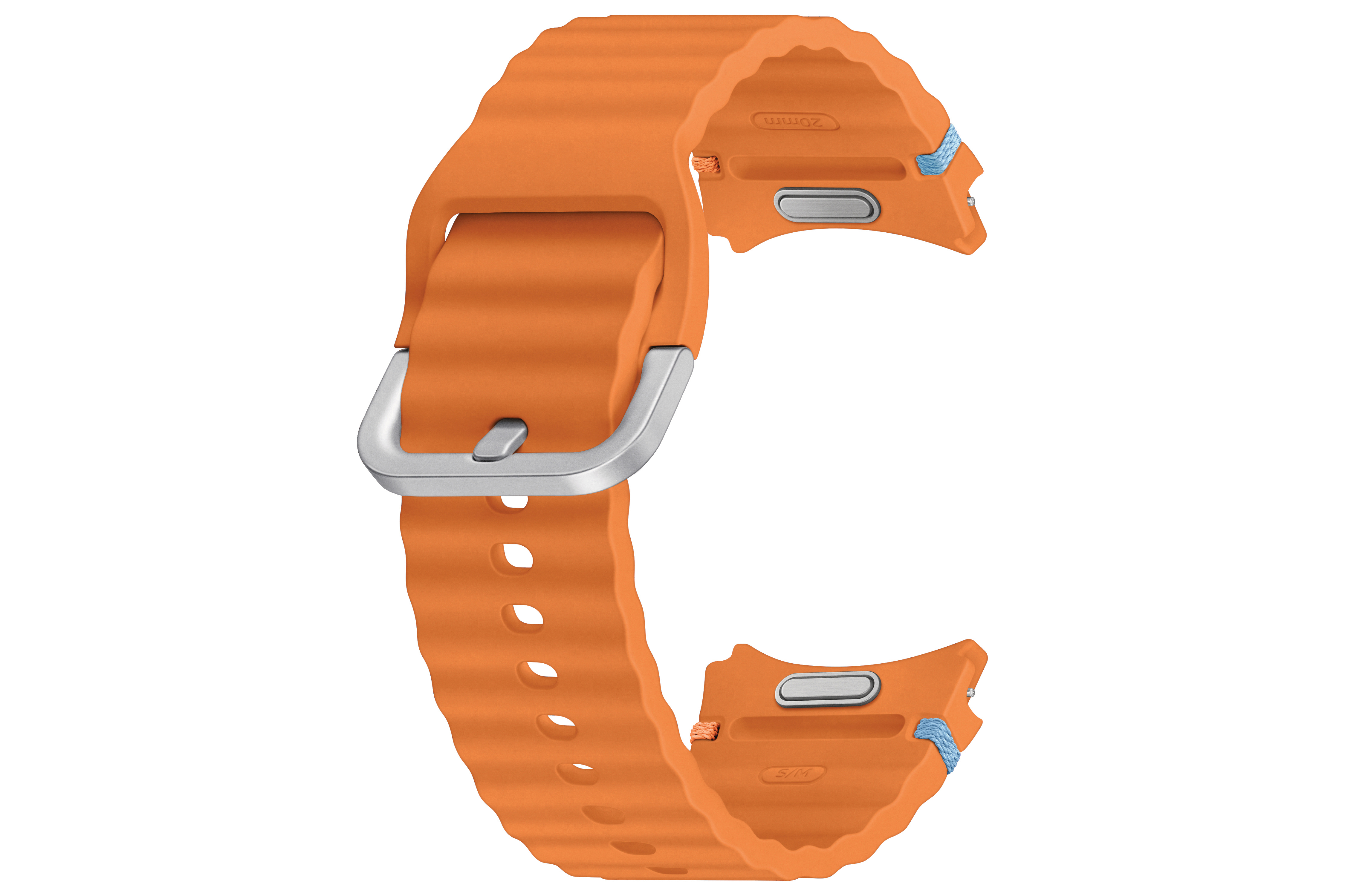 Orangenes Uhrenarmband. Das Armband ist mit kleinen Rippen strukturiert, hat eine silberne Schnalle und blaue Akzente.