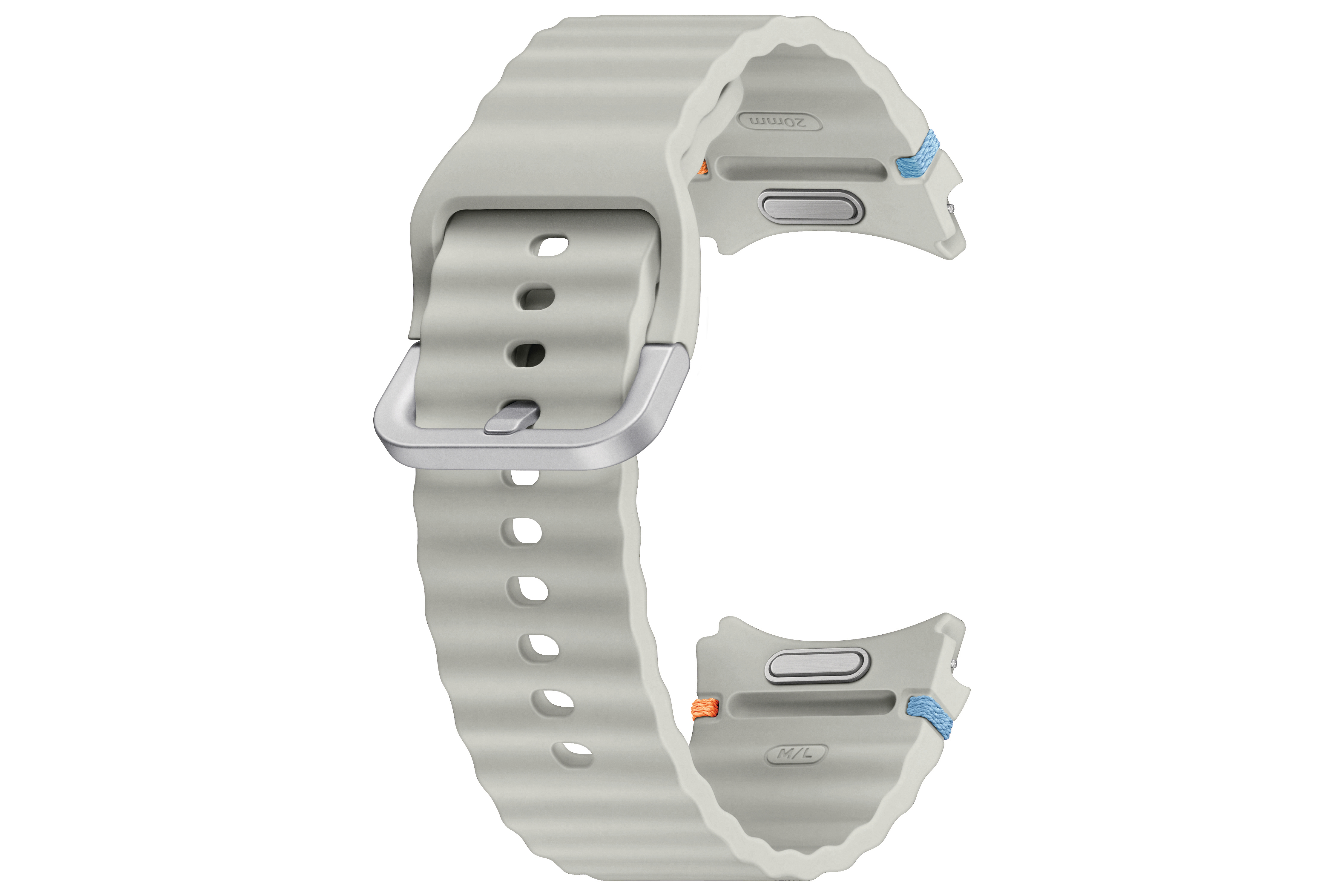 Ein hellgraues Uhrenarmband mit silberner Schnalle vor weißem Hintergrund. Das Armband hat eine gerippte Textur.