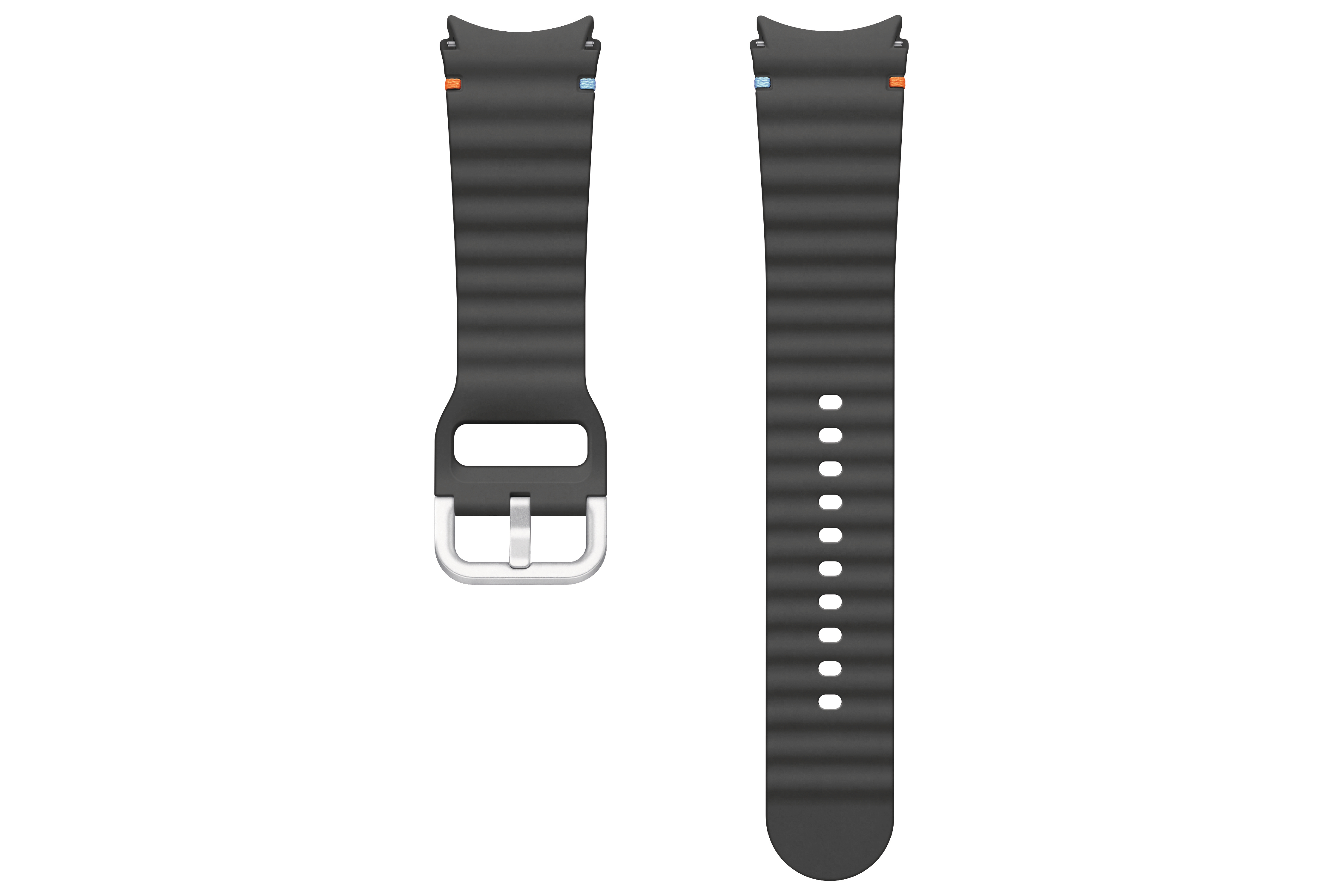 Schwarzes Uhrenarmband mit silberner Schnalle, geripptes Design, flach auf weißem Grund.