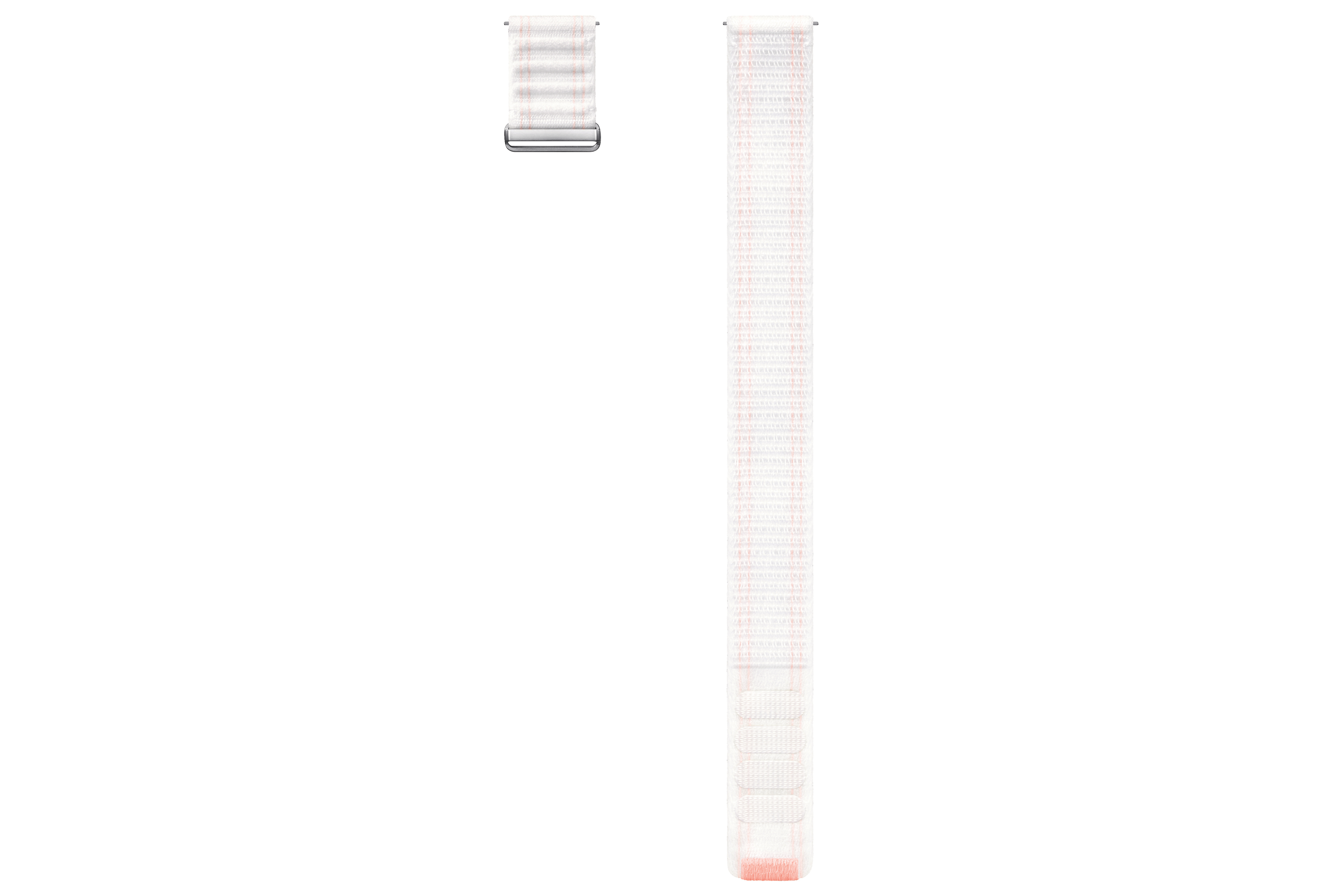 Ein weißes und rotes Uhrenarmband auf weißem Hintergrund, Draufsicht.