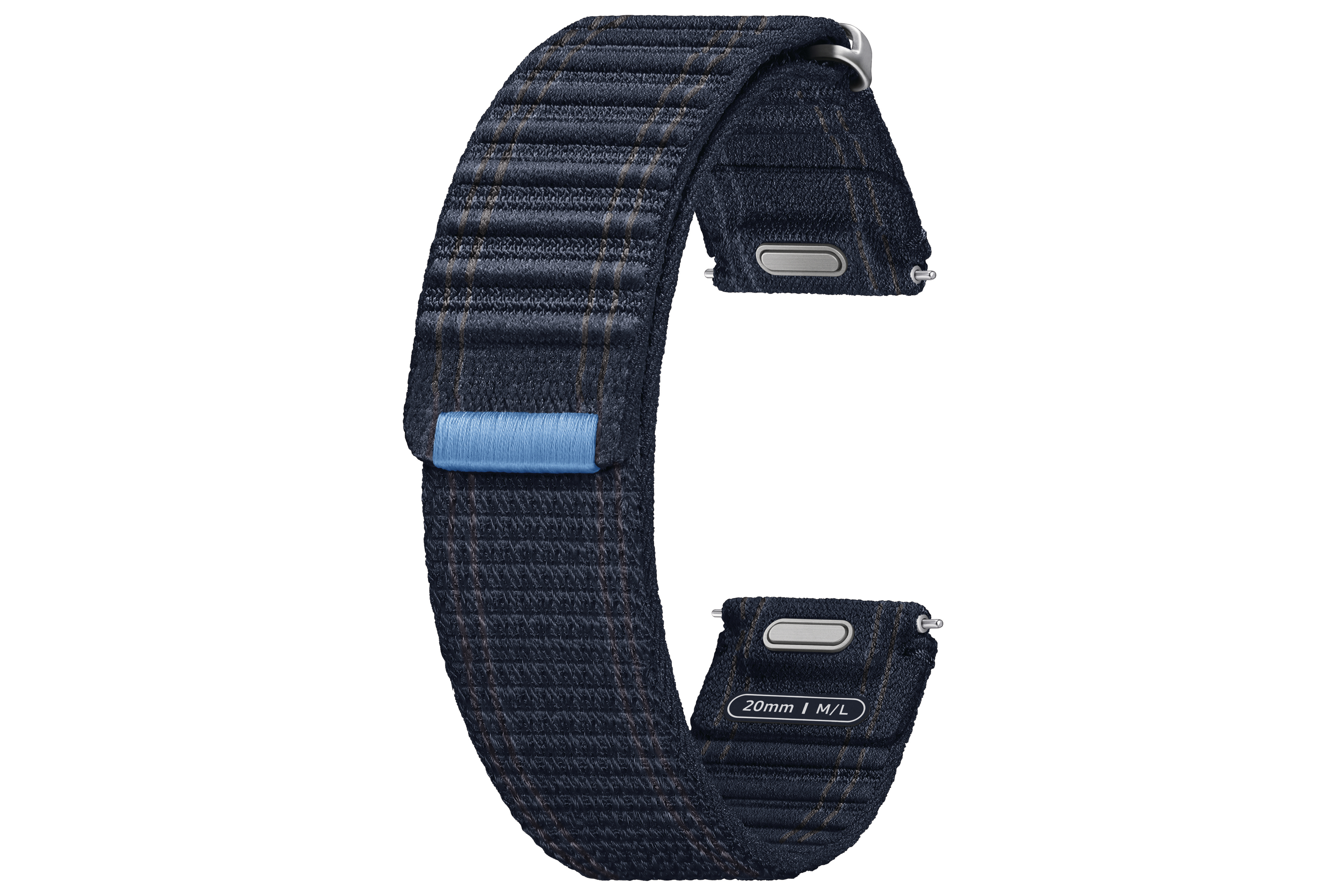 Blaues und schwarzes Uhrenarmband. Das Armband hat ein Muster mit einer silbernen Schnalle.