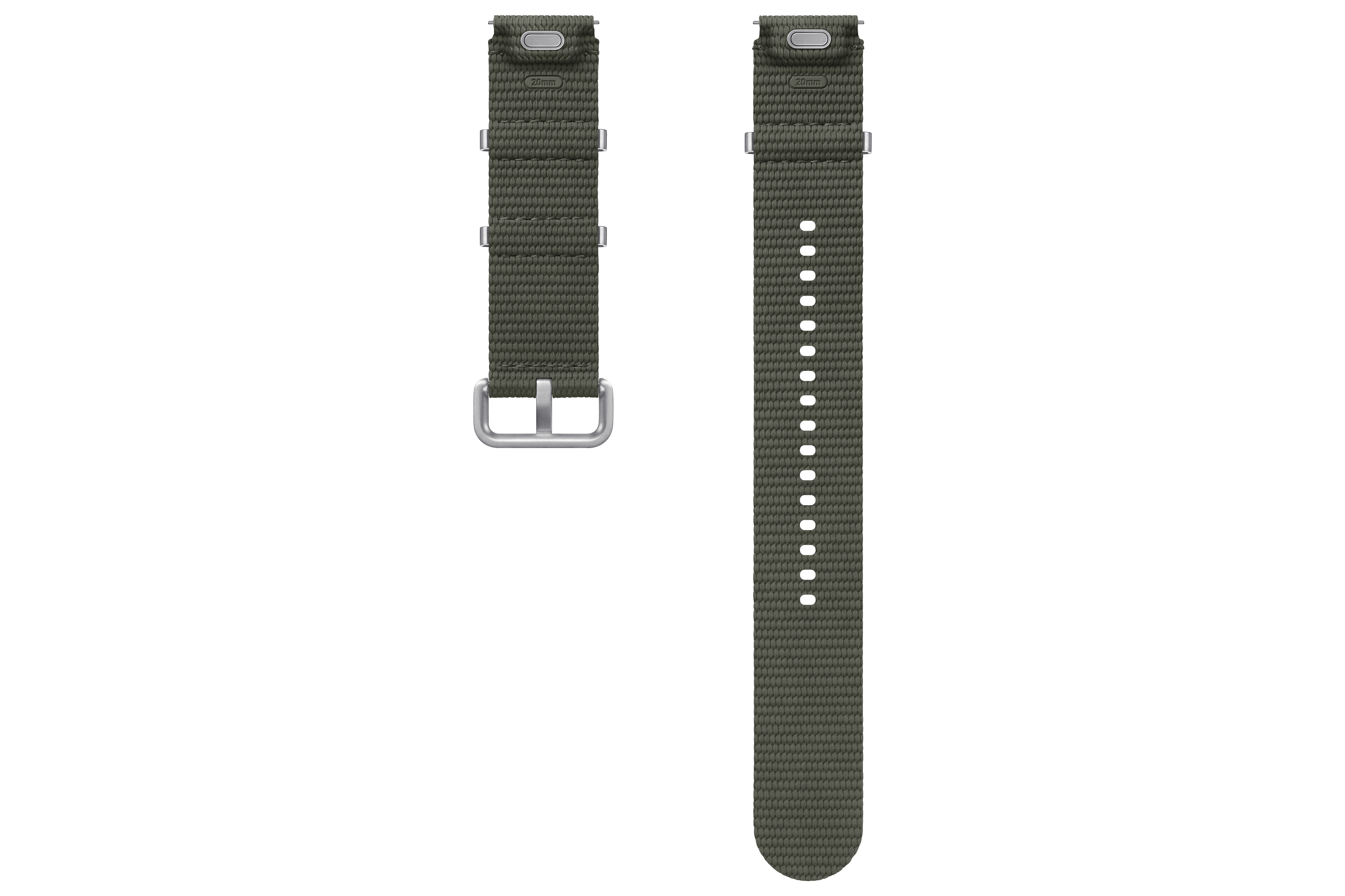Grünes Uhrenarmband mit Schnalle, abgenommen, auf weißem Hintergrund.
