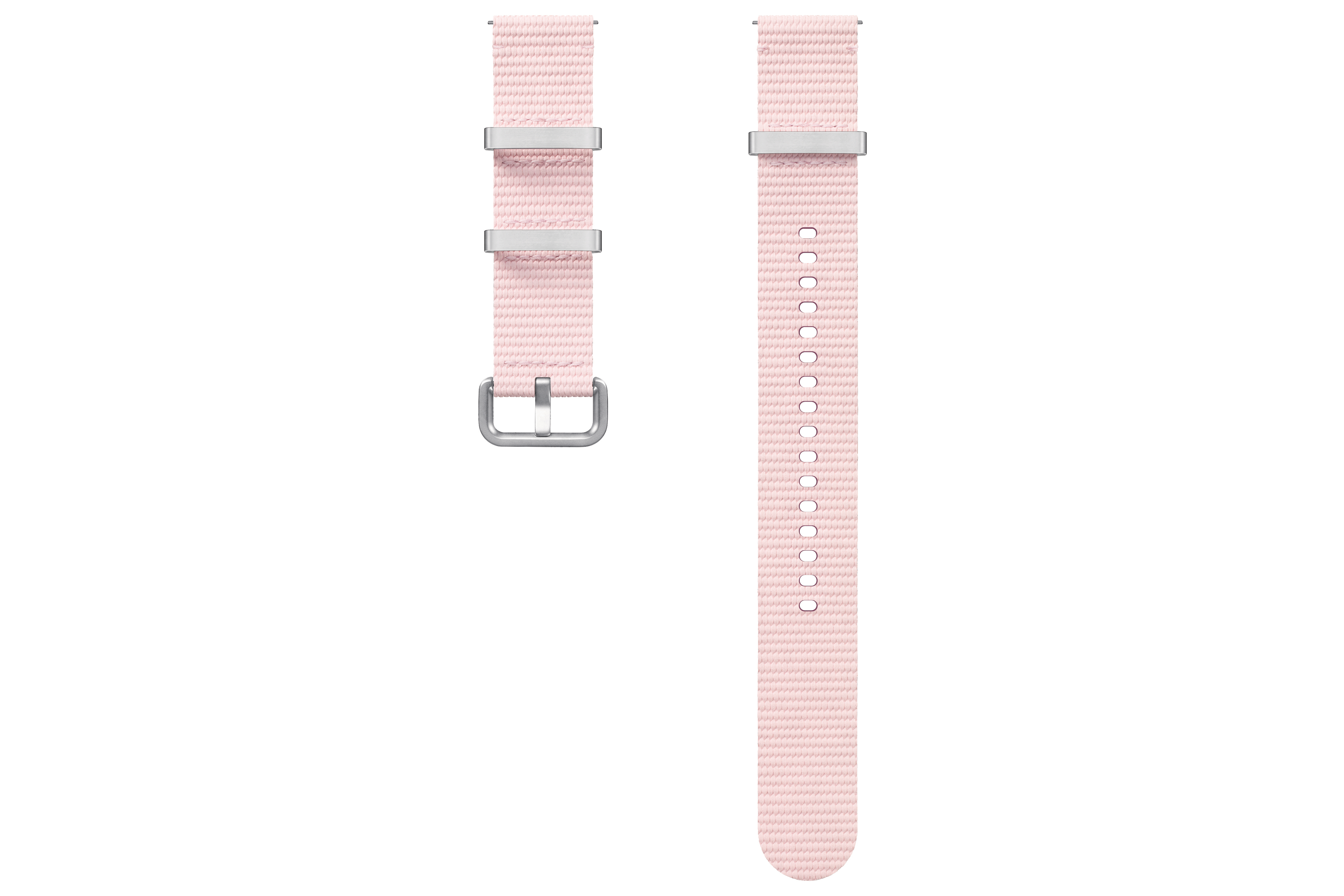 Ein Paar rosa Uhrenarmbänder mit silbernen Metalldetails.