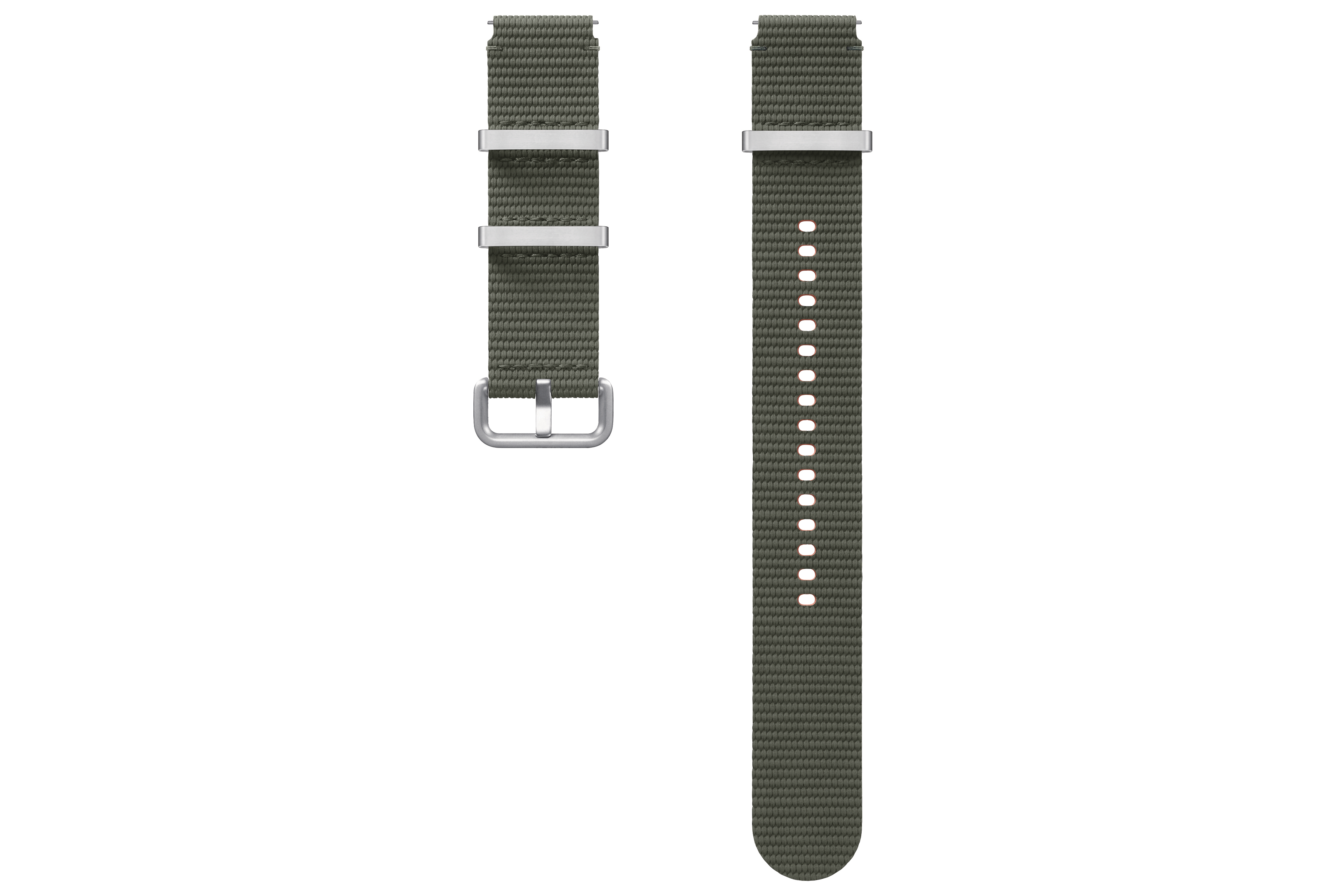 Zwei olivgrüne Uhrenarmbänder mit silbernen Schnallen und Verschlüssen auf weißem Hintergrund.