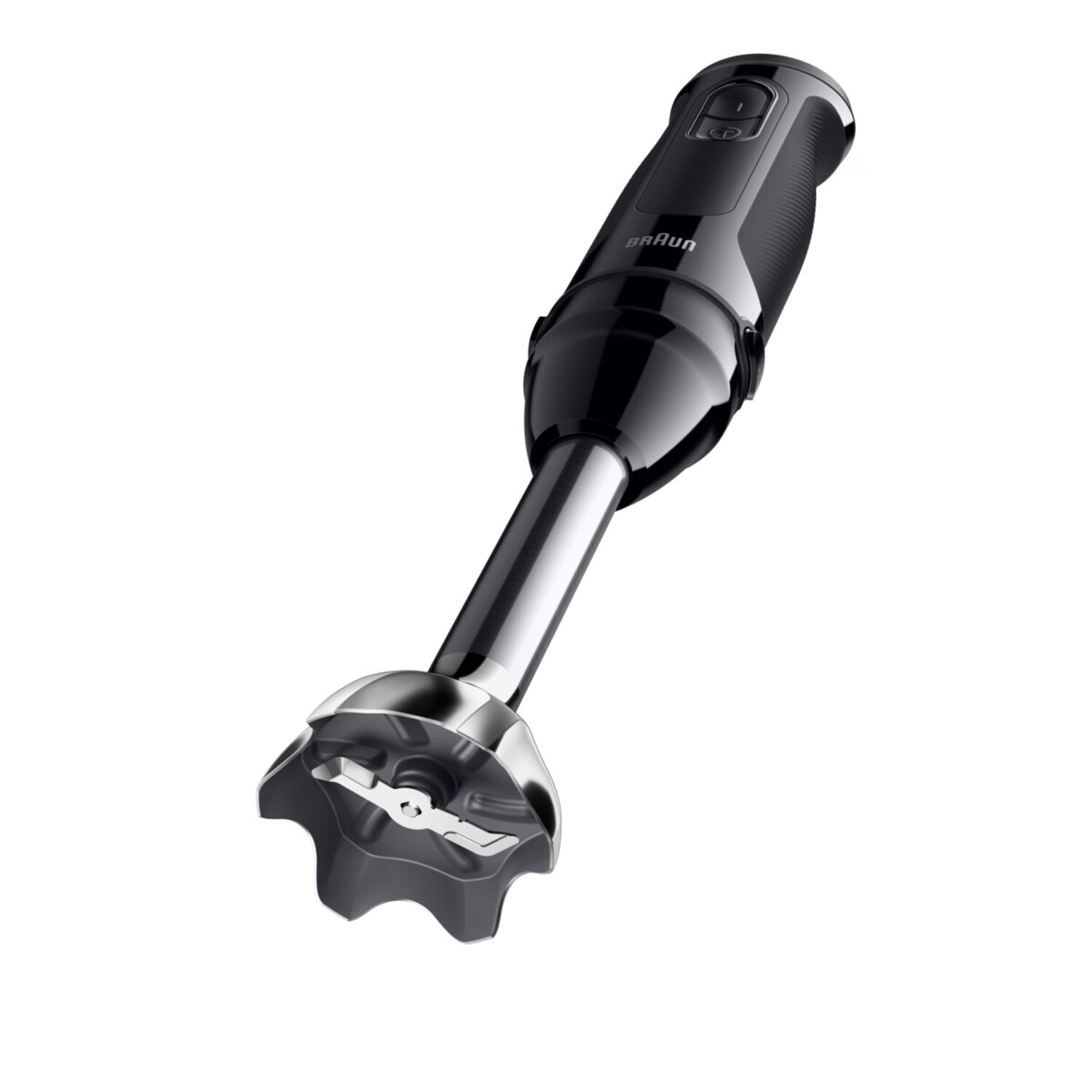 Black hand blender with a silver blade and a black Braun logo on the handle.