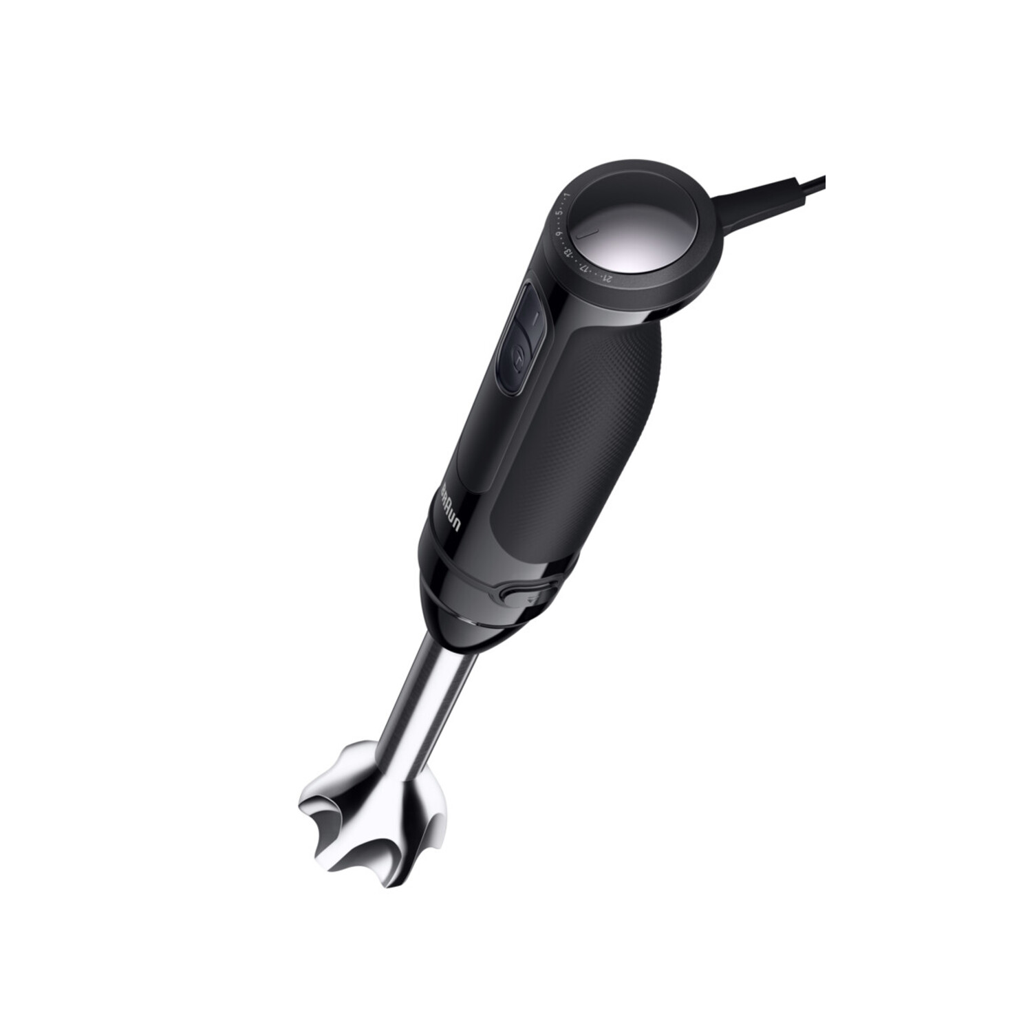 Black immersion blender with a silver blending head on white.