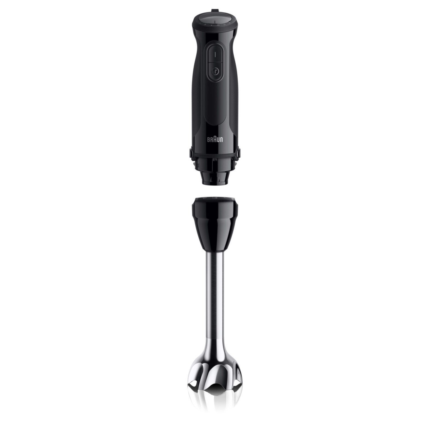 A black hand blender with a detachable blending head.