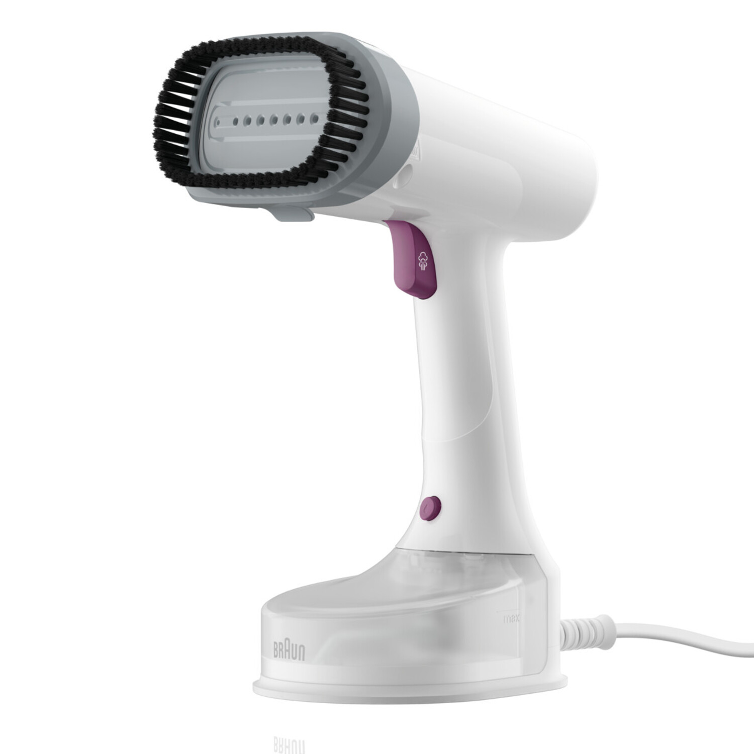 Vapeur portable blanche avec tête grise et bouton violet. Il possède un réservoir d'eau et un cordon.