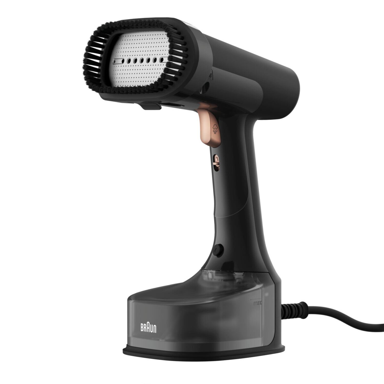 A black handheld steamer with a brush head. It is on a white background with a black power cord.