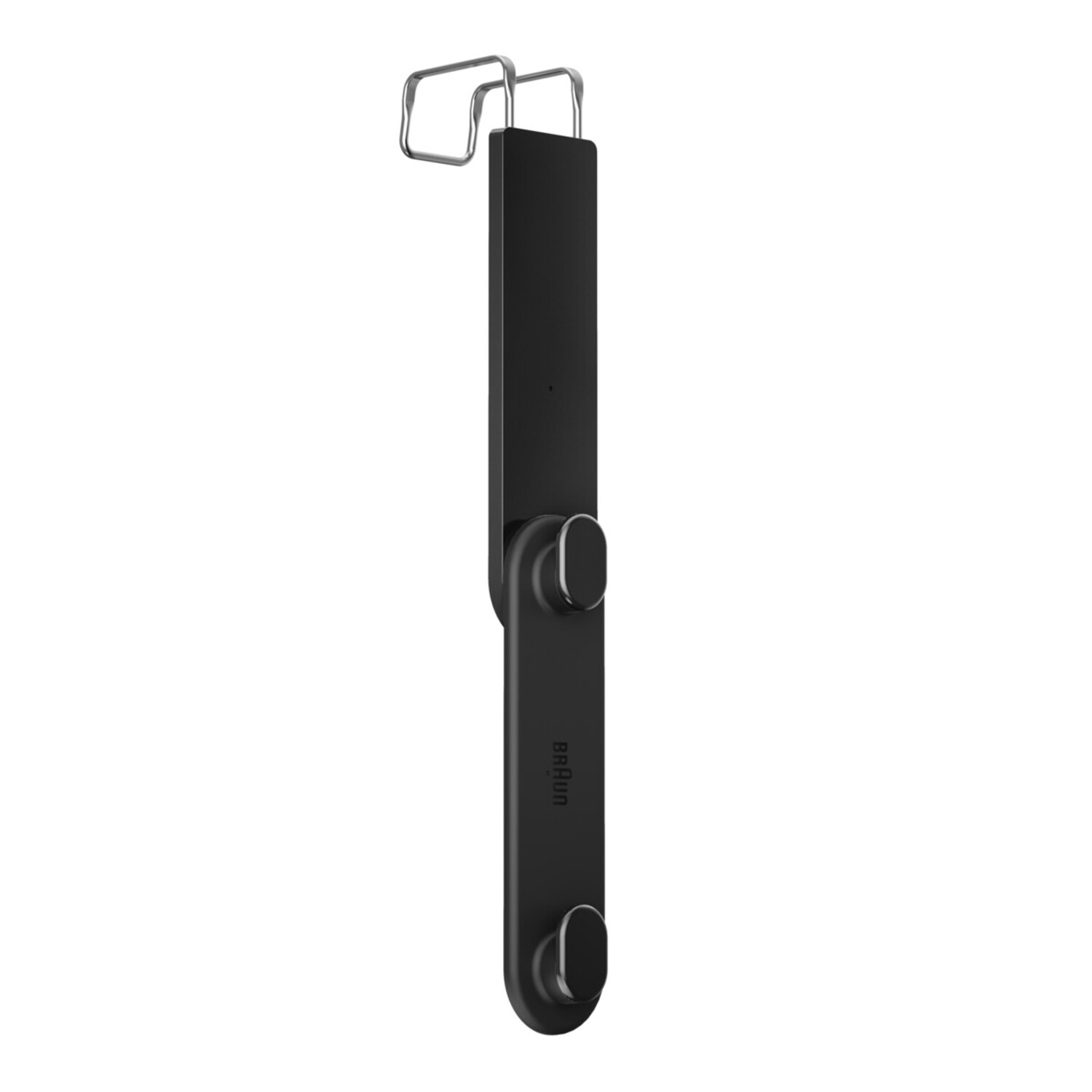 Black device with two circular ends and a metal handle.
