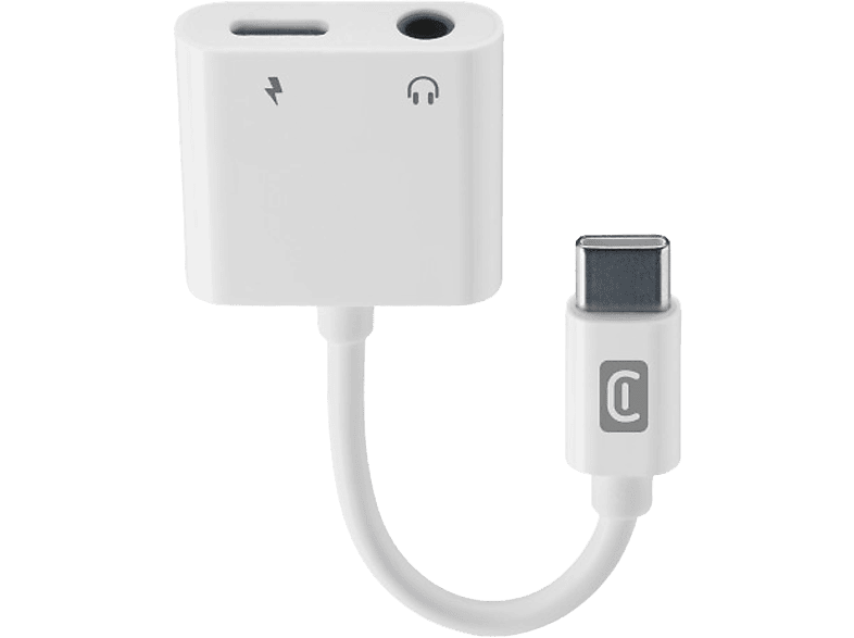 Adaptador USB-C - CellularLine Sound Charge, Conexión simultánea, Puerto de 3.5 mm, Cable 10 cm, Blanco