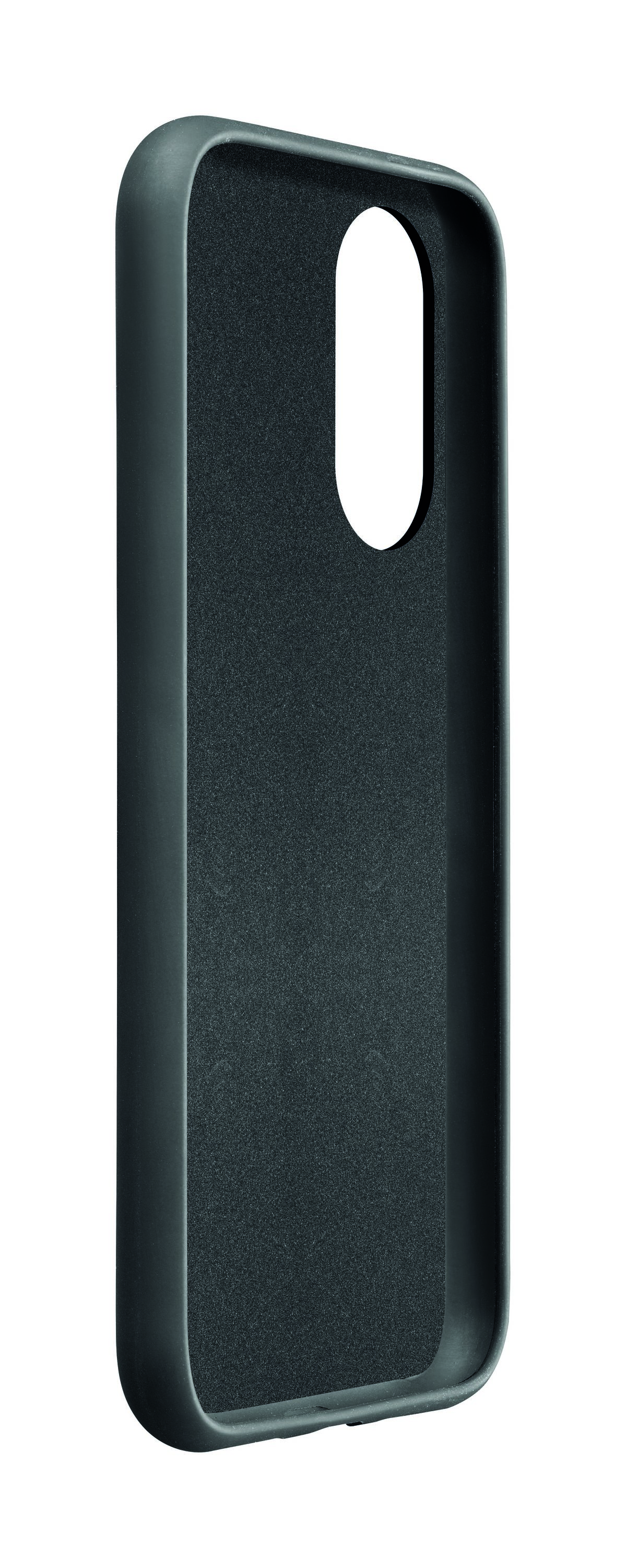 Funda de teléfono negra, interior visible, fondo blanco.