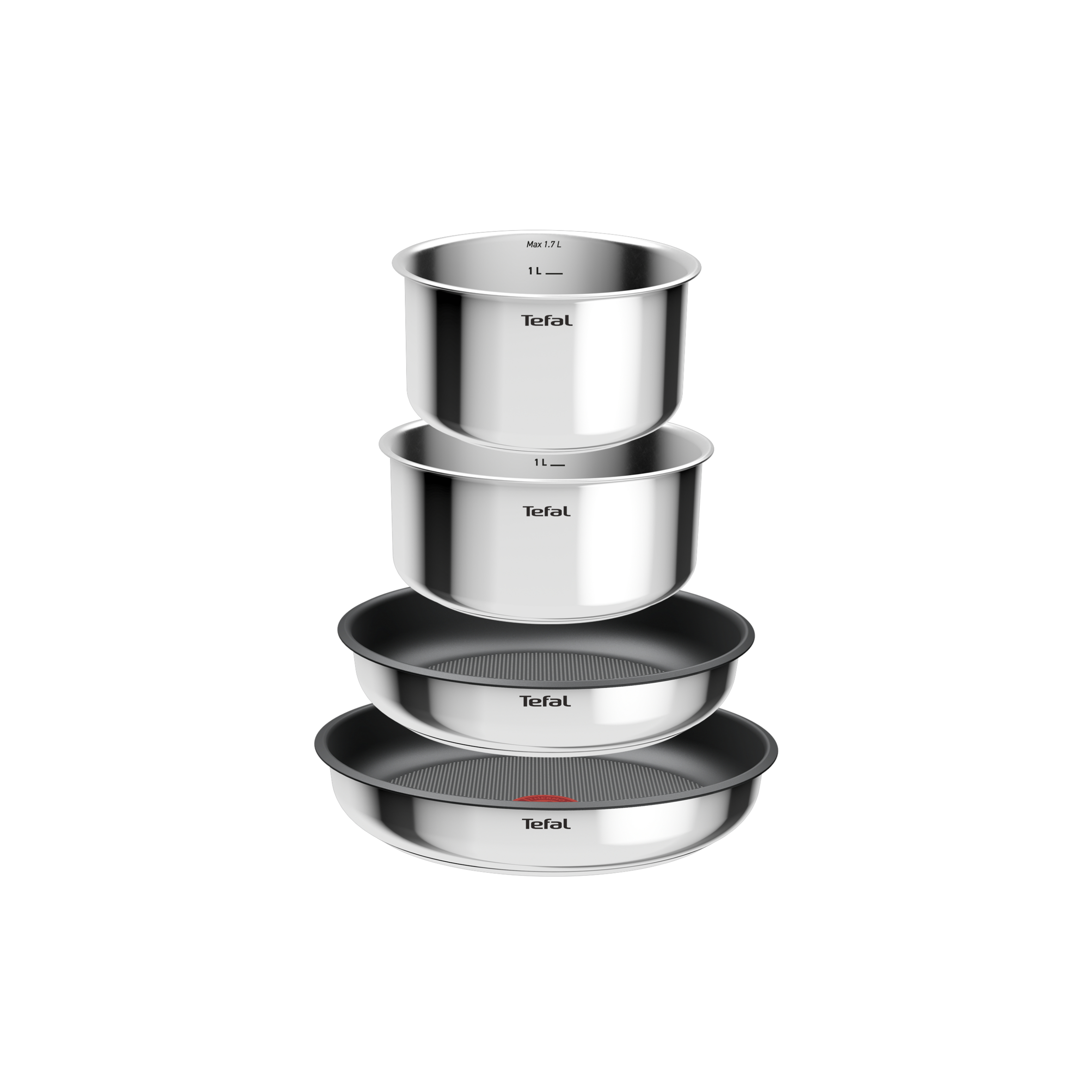 Ułożone w stos garnki i patelnie ze stali nierdzewnej na białym tle.