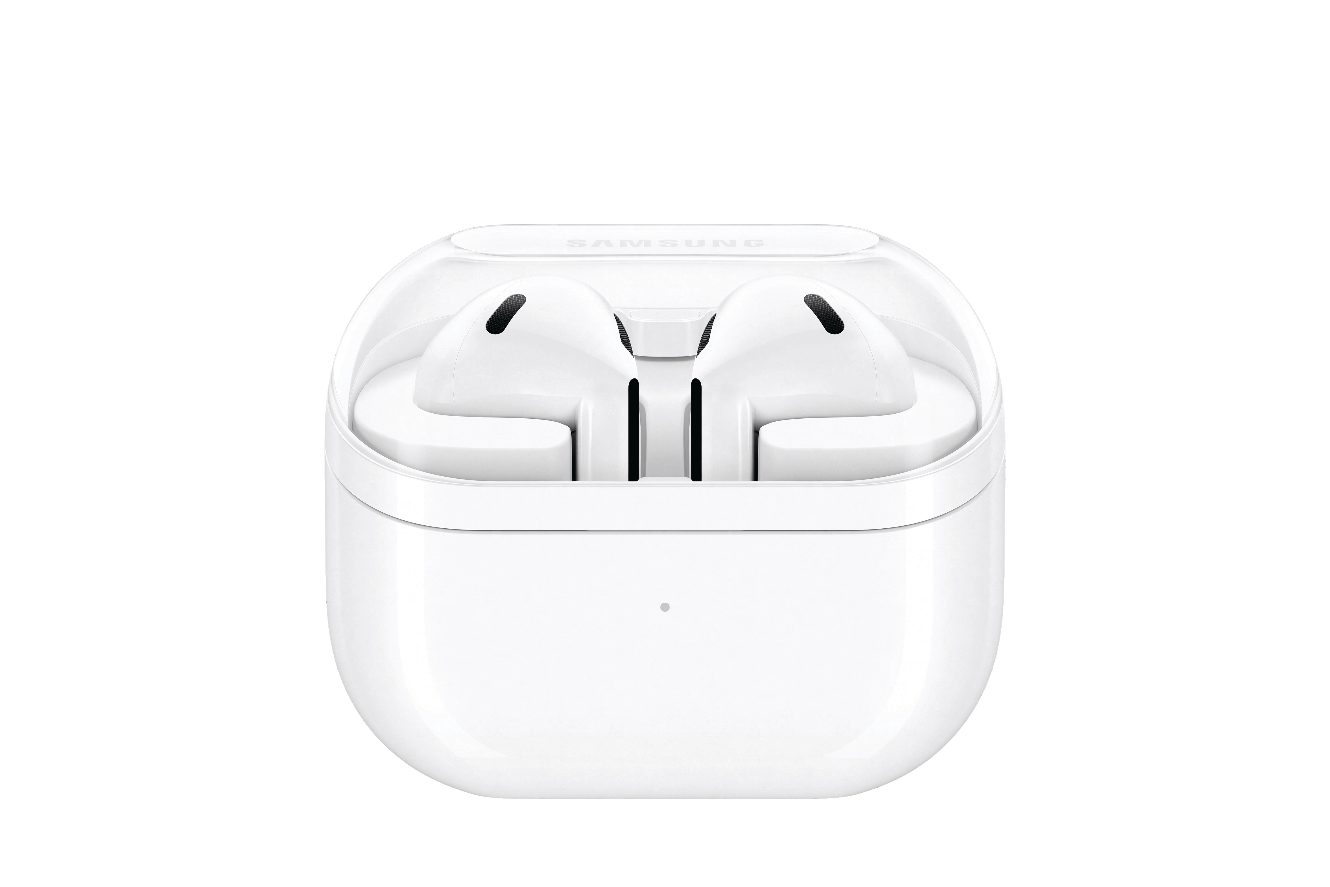 Weiße Ohrhörer in einem weißen Gehäuse.