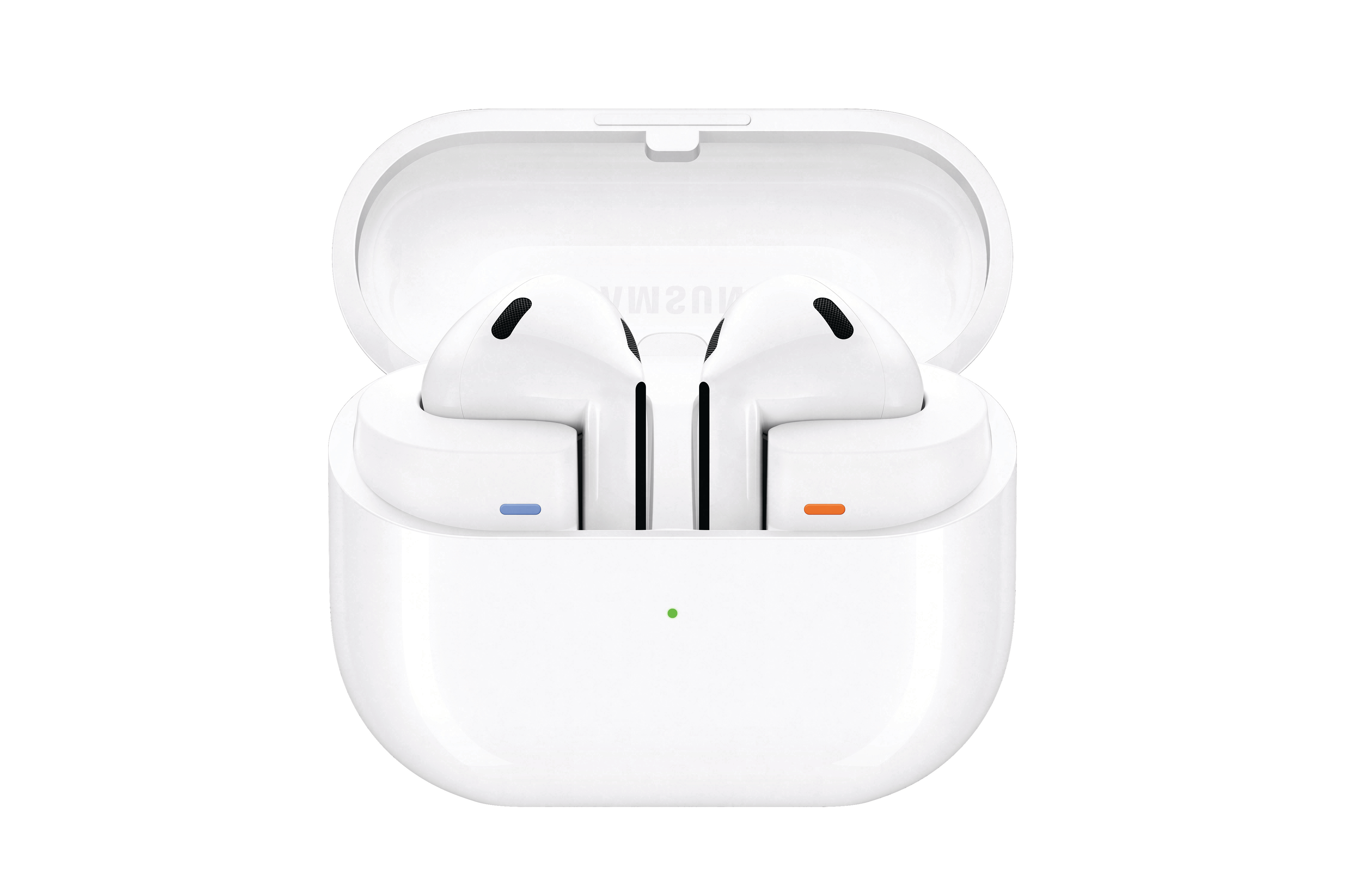 Weiße Ohrhörer in offenem Ladecase. Jeder Ohrhörer hat farbige Akzente und ein grünes Licht.