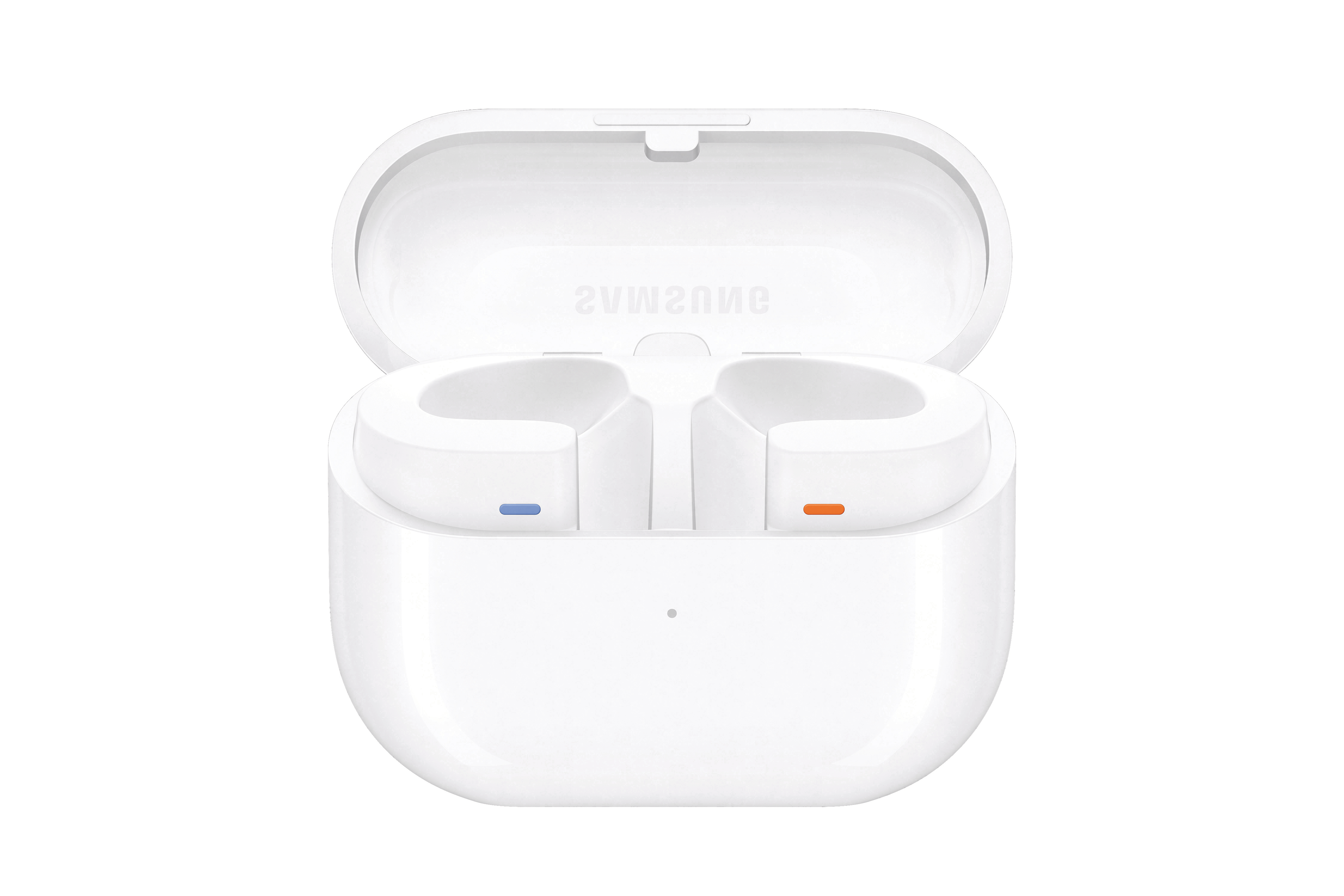 Weißes, offenes Ladecase mit Ohrhörern im Inneren, mit weißem Hintergrund.