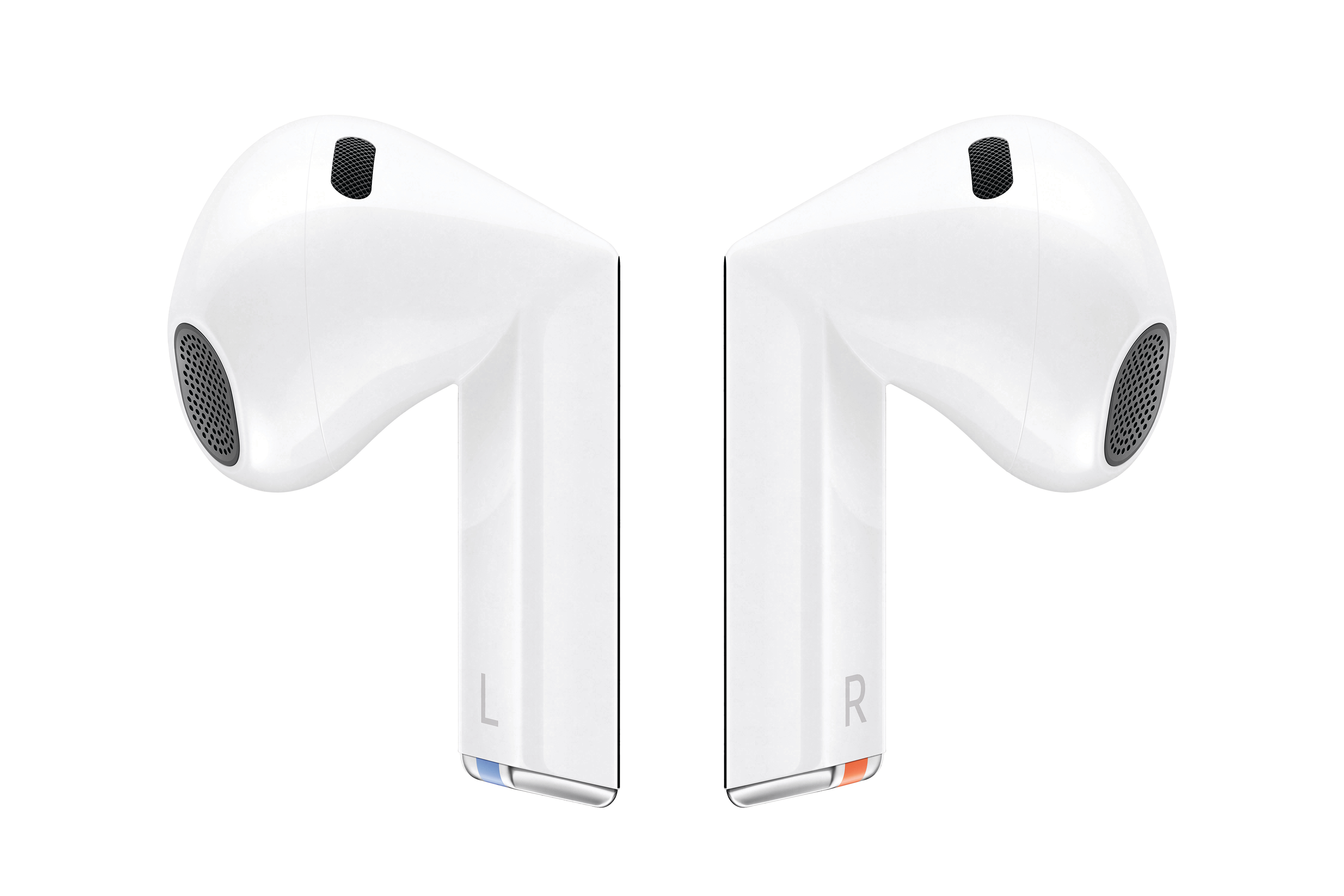 Zwei weiße Ohrhörer, einer mit einem blauen L und der andere mit einem roten R, auf weißem Hintergrund.