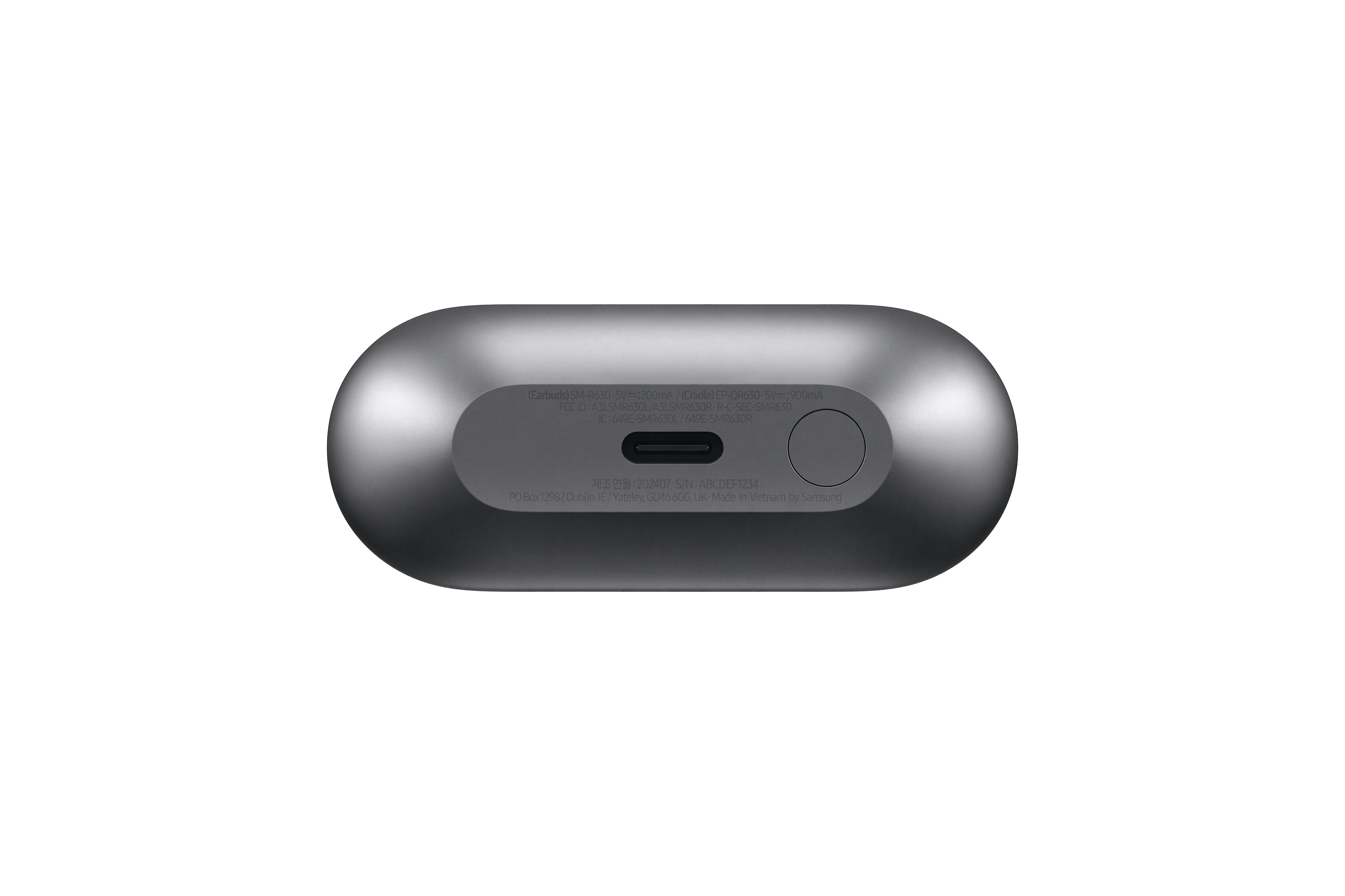 Unterseite eines dunkelgrauen Ladeetuis mit USB-C-Anschluss.