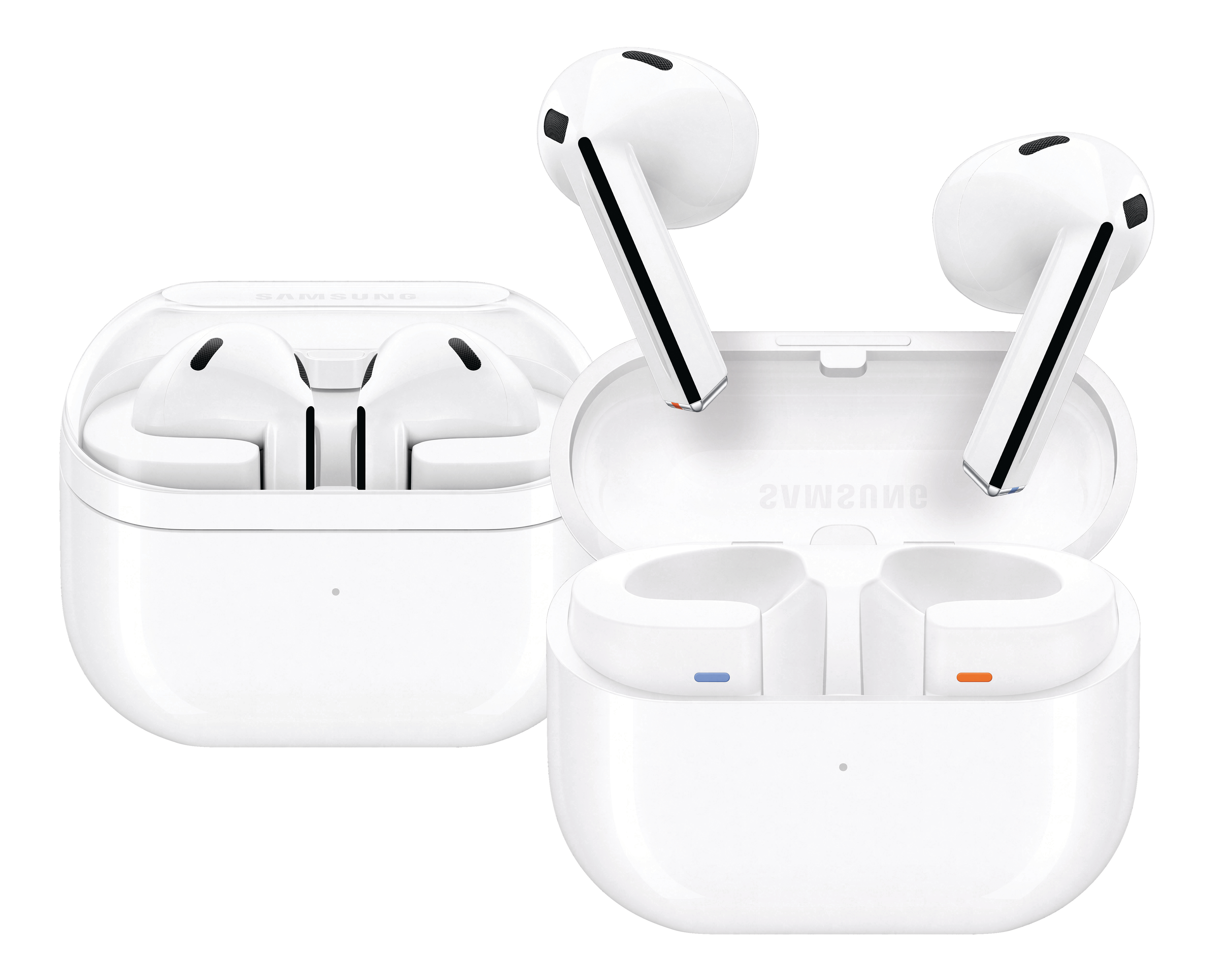 Weiße Samsung Ohrhörer in einem Case. Zwei Sets, eins offen, eins geschlossen.