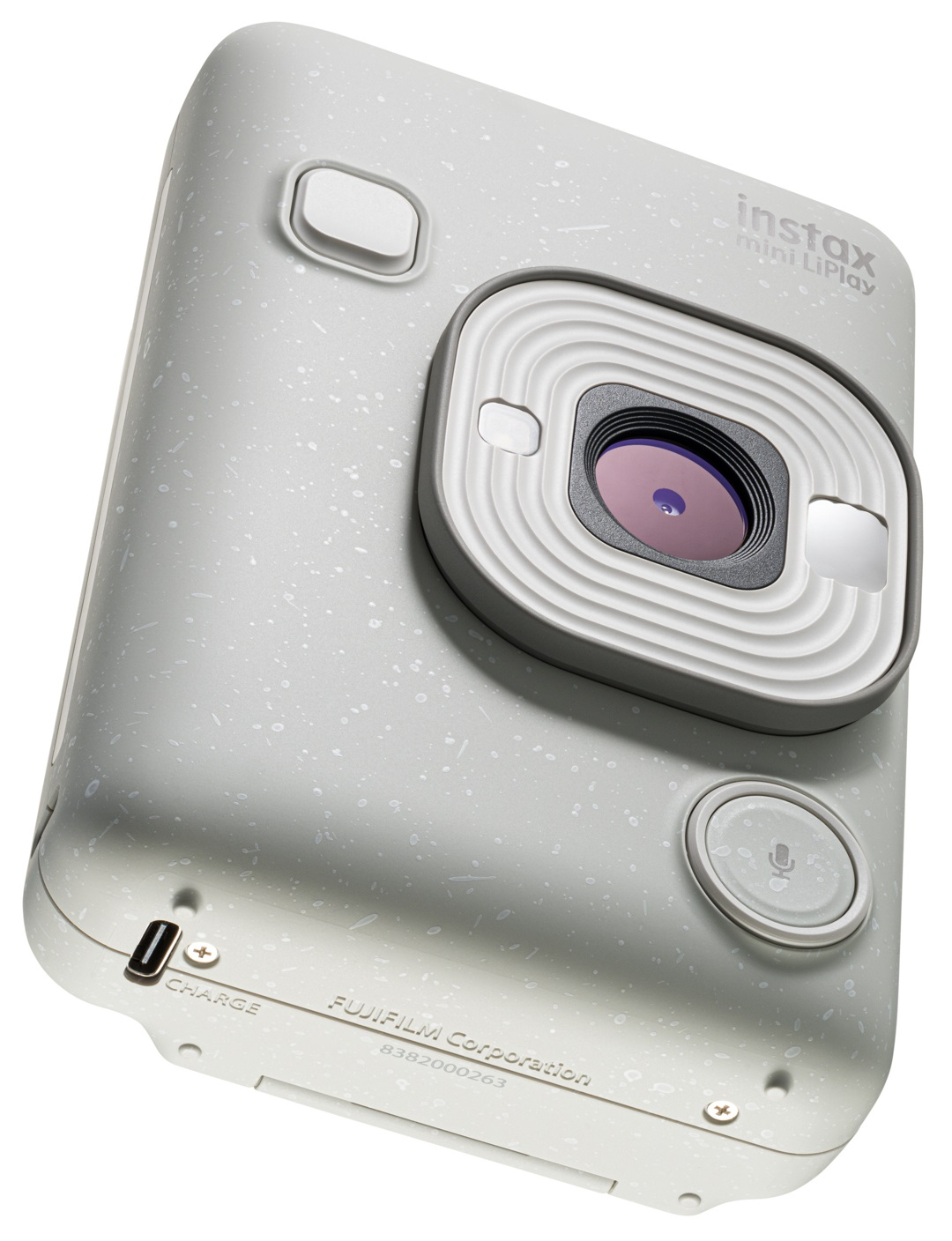 Jasnoszara kamera Instax Mini LiPlay. Ma obiektyw i przyciski. Białe tło.