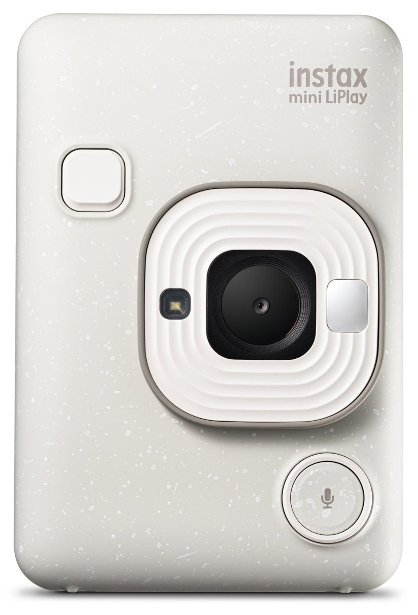 Biały aparat Instax Mini LiPlay z dużym obiektywem i przyciskami, na białym tle.